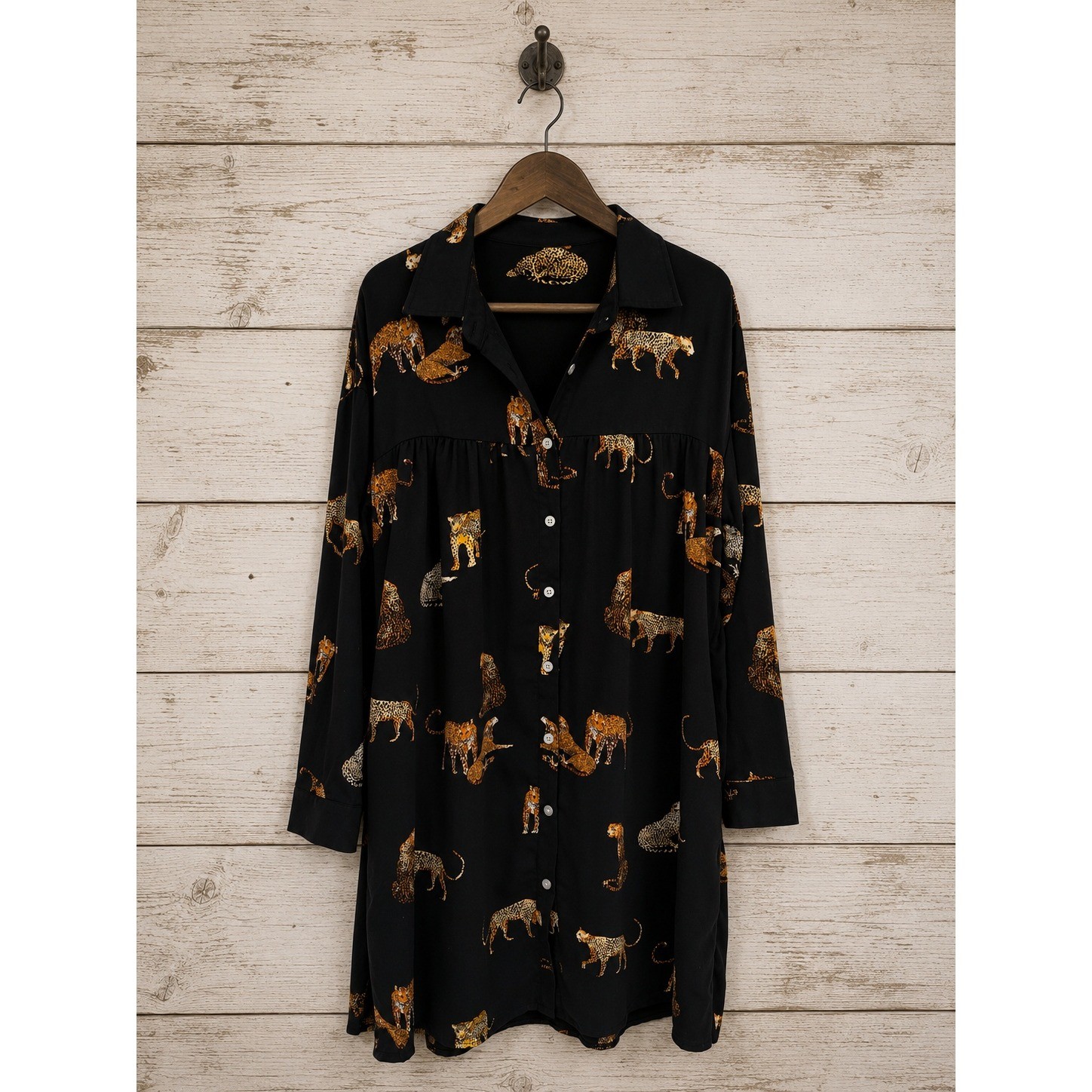 Top It Off Shirt Dress Leopard Cheetah Animal Print Black M/L