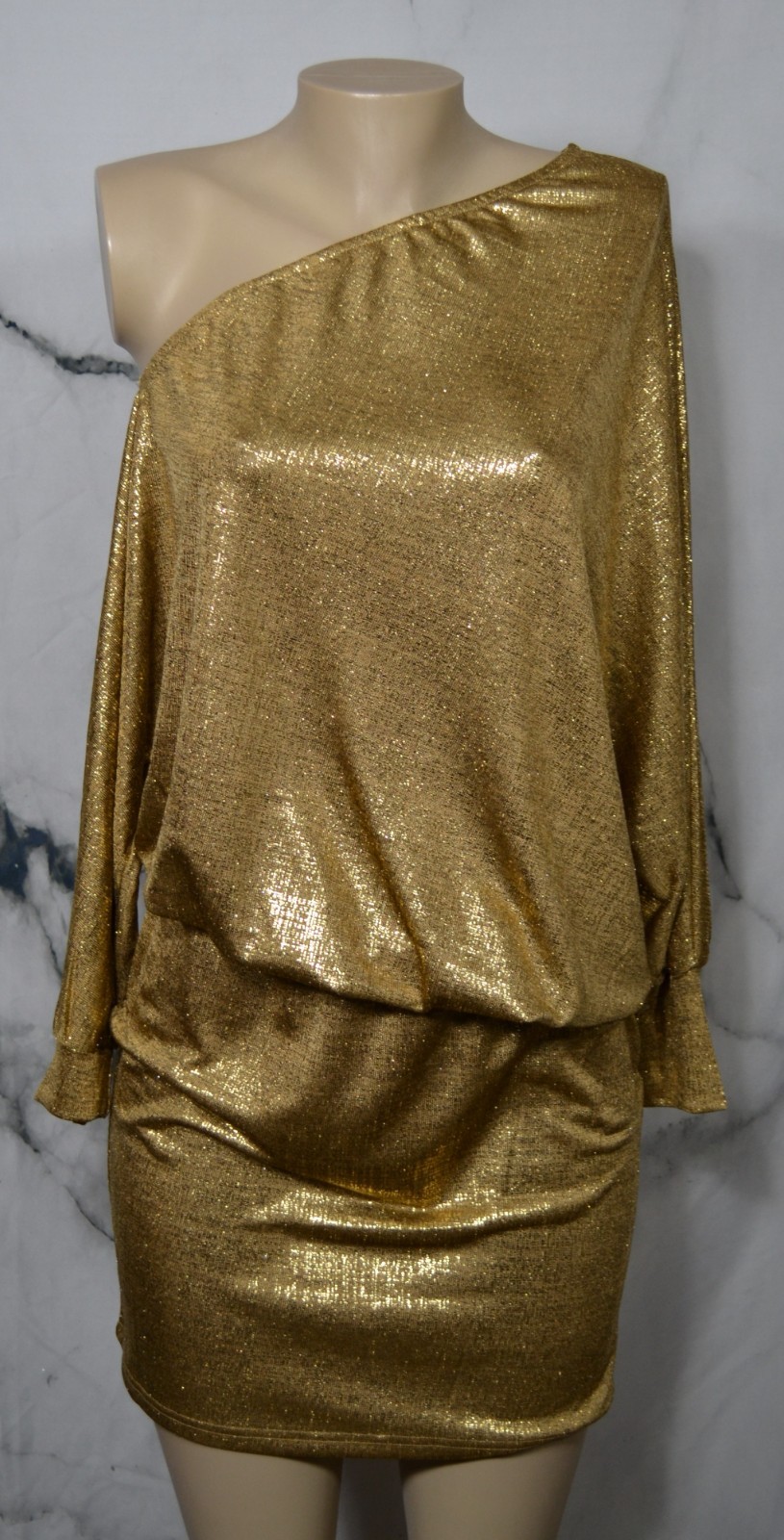 EMVIE’S FASHIONS Shimmering Gold One Shoulder Blouson Dress Large Elastic Waist