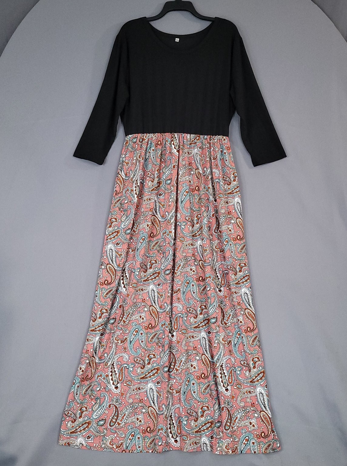 Women’s Black Pink Multi 2XL Paisley Print Maxi 3/4 Sleeve Dress Pockets
