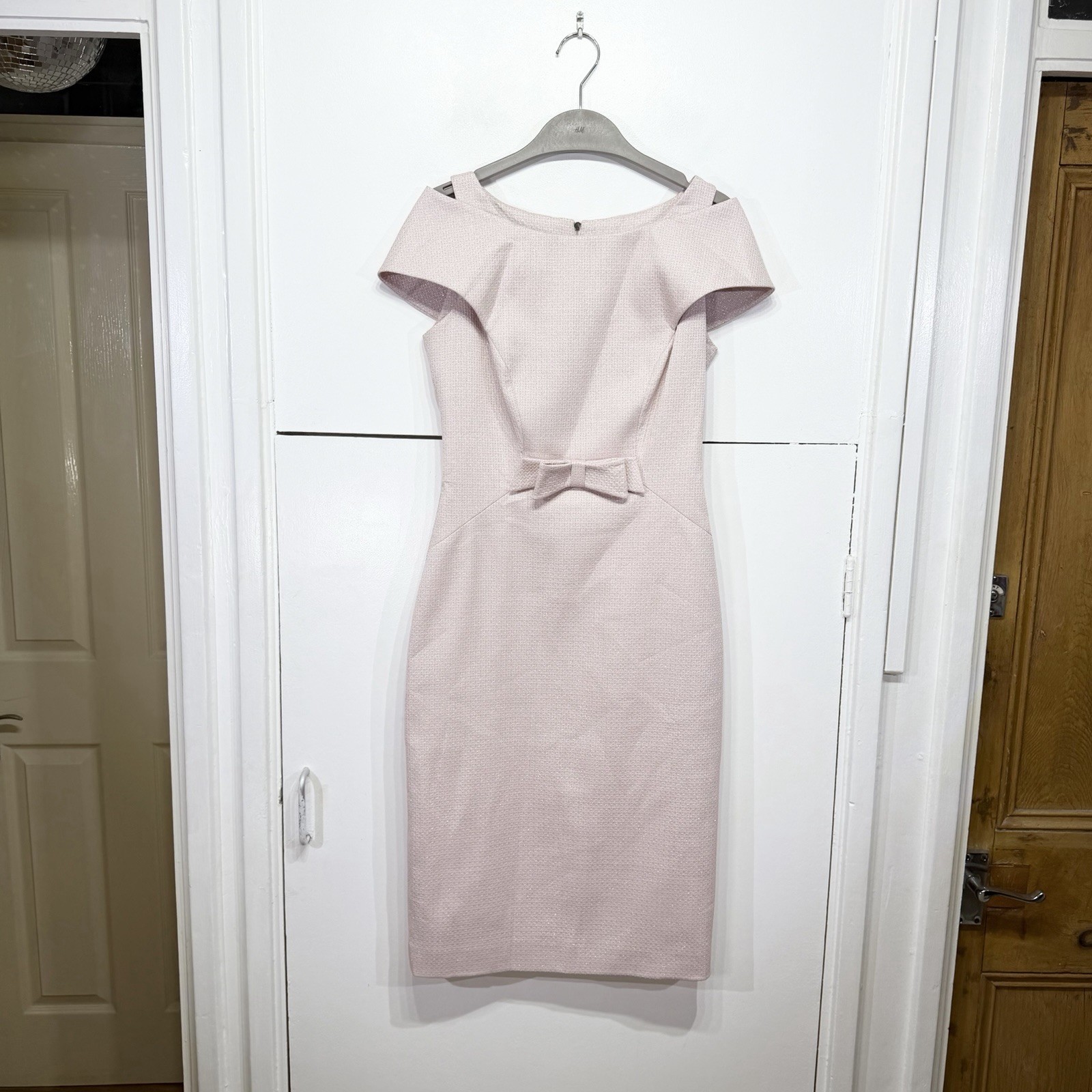 Suzannah London Tweed Dress Pink Shimmer Sheath Bow Off Shoulder Size UK 8