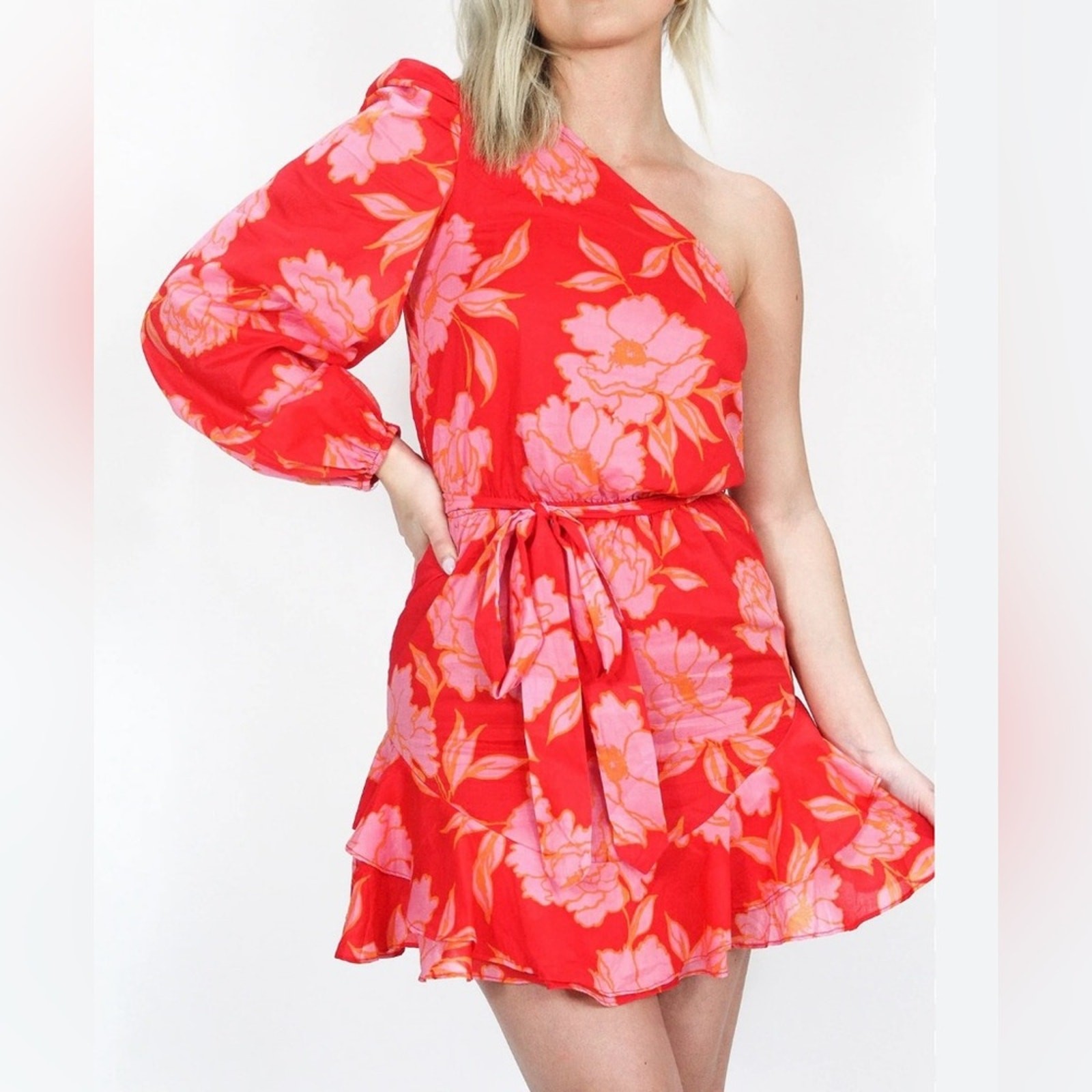 Olivaceous One Shoulder Ruffle Hem Mini Dress, Size Large, Red & Pink Floral