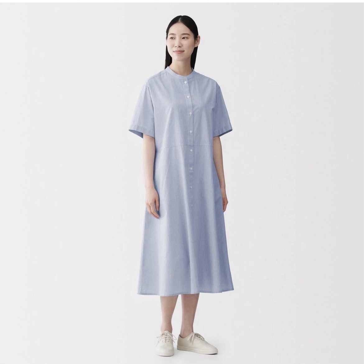MUJI Womens Shirt Dress Blue S Organic Cotton Cool Touch Pockets Crew Neck NWT