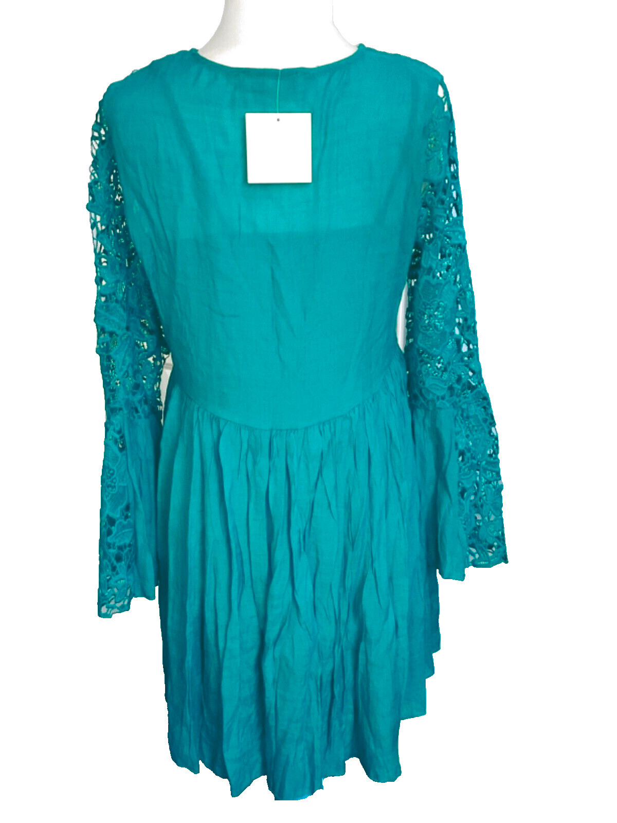 J GEE Boho Green Blue Teal Blue Floral Lace Gauze Bell Sleeves