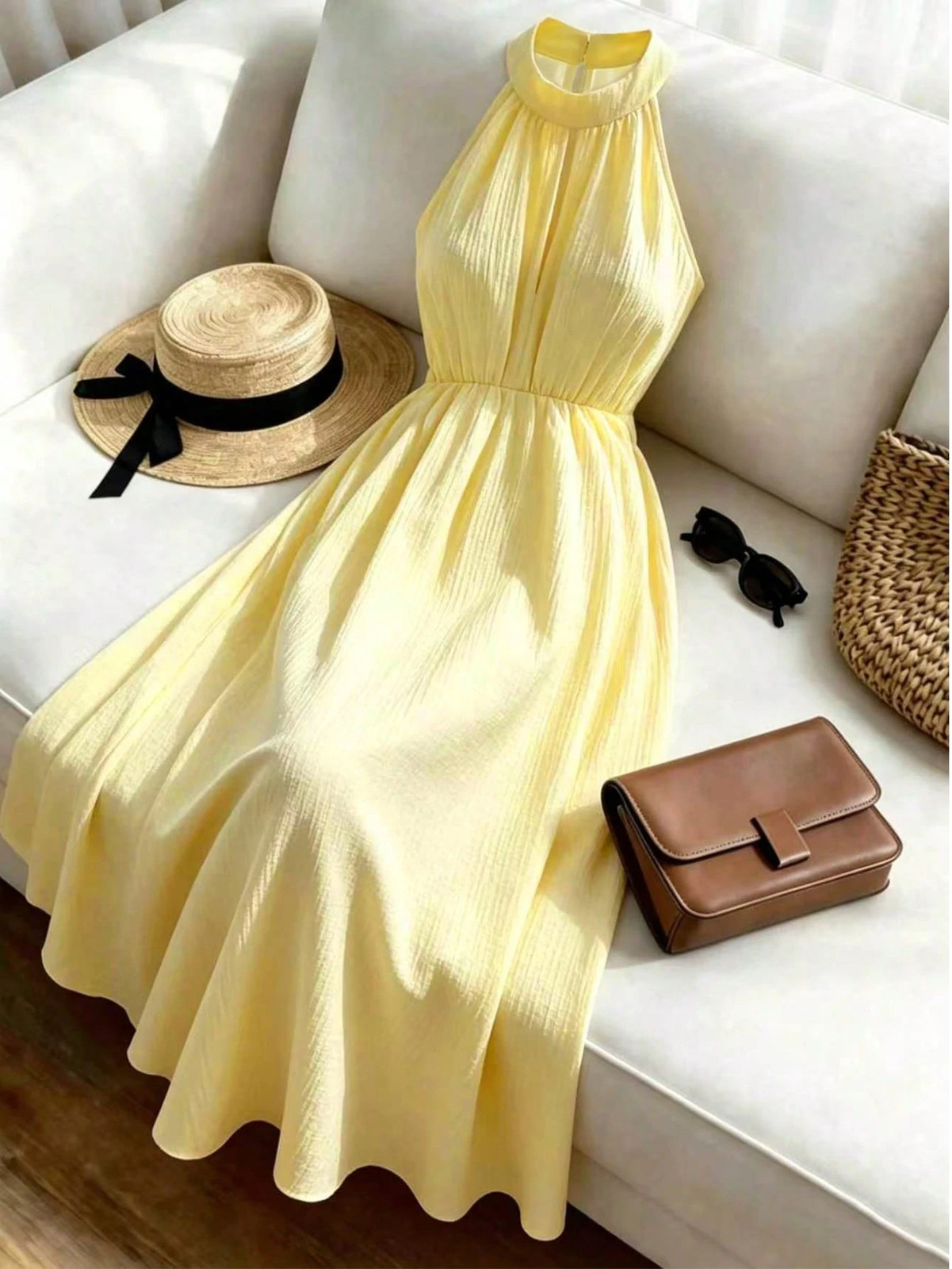 Elegant Ladies Long Halter Neckline Dress in Yellow
