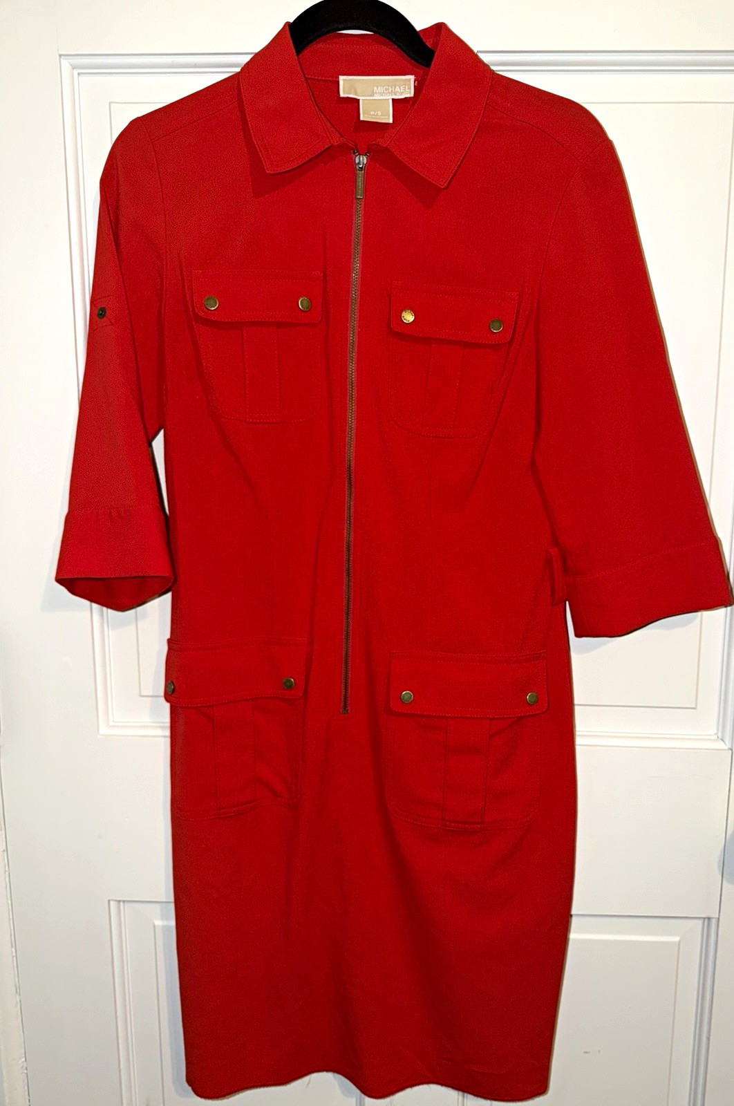 Michael Kors Womens 6 Red Shift Shirt Dress Collared 3/4 Sleeve Zip Pockets