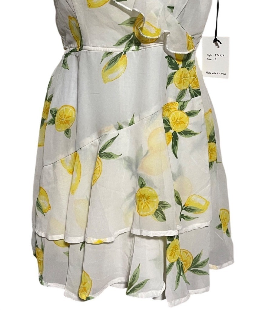 Japna White Lemon Print Ruffle Mini Dress Womens Size S