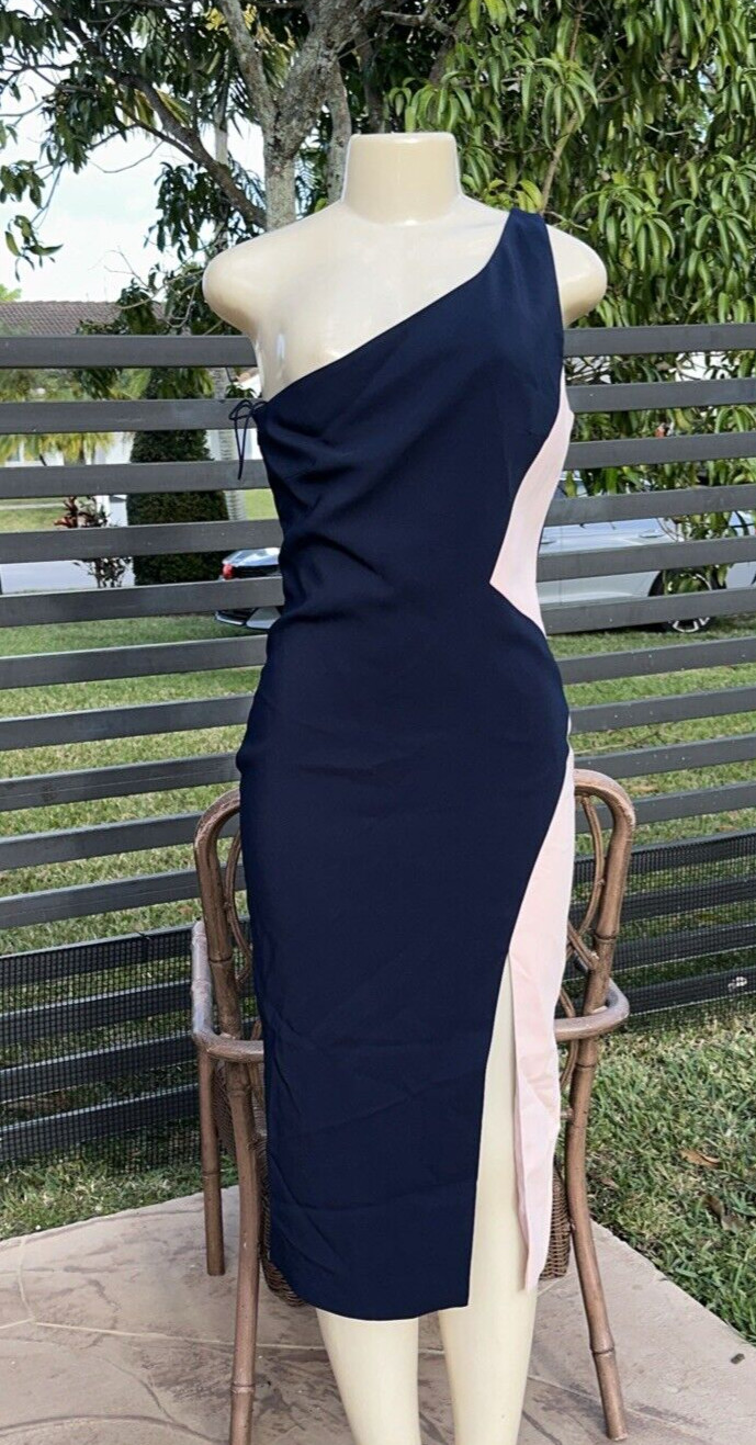 CUSHNIE ET OCHS BLUE & PINK ONE SHOULDER SLEEVELESS PENCIL DRESS FRONT SLIT Sz 6