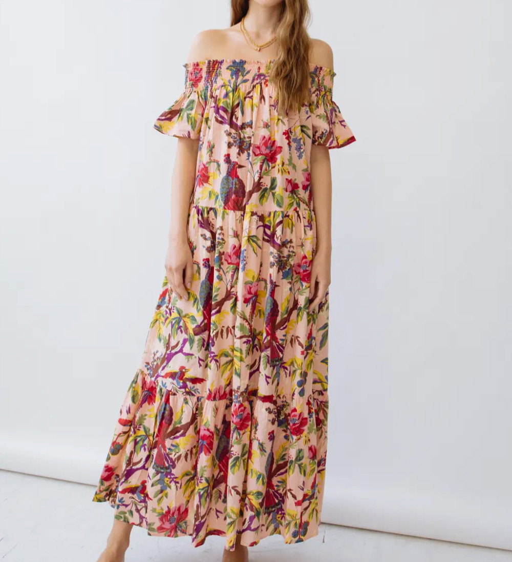 Guadalupe Design Momposina Maxi Dress Peach Floral Off Shoulder Boho One Size