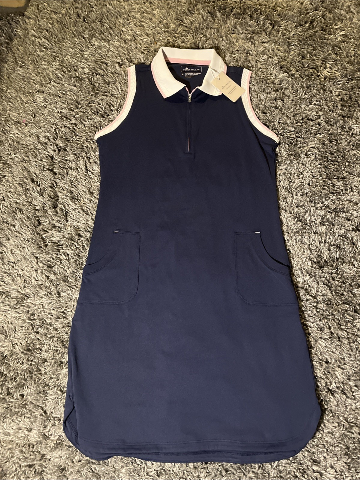 NWT Peter Millar Polo Dress 1/4 Zip Small Navy Blue-White Pink Trim Golf Tennis