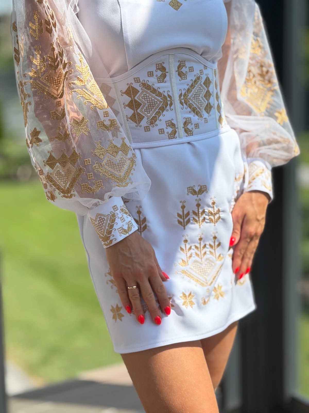 Ukrainian Embroidered Mini Dress Vyshyvanka White Off Shoulder Corset