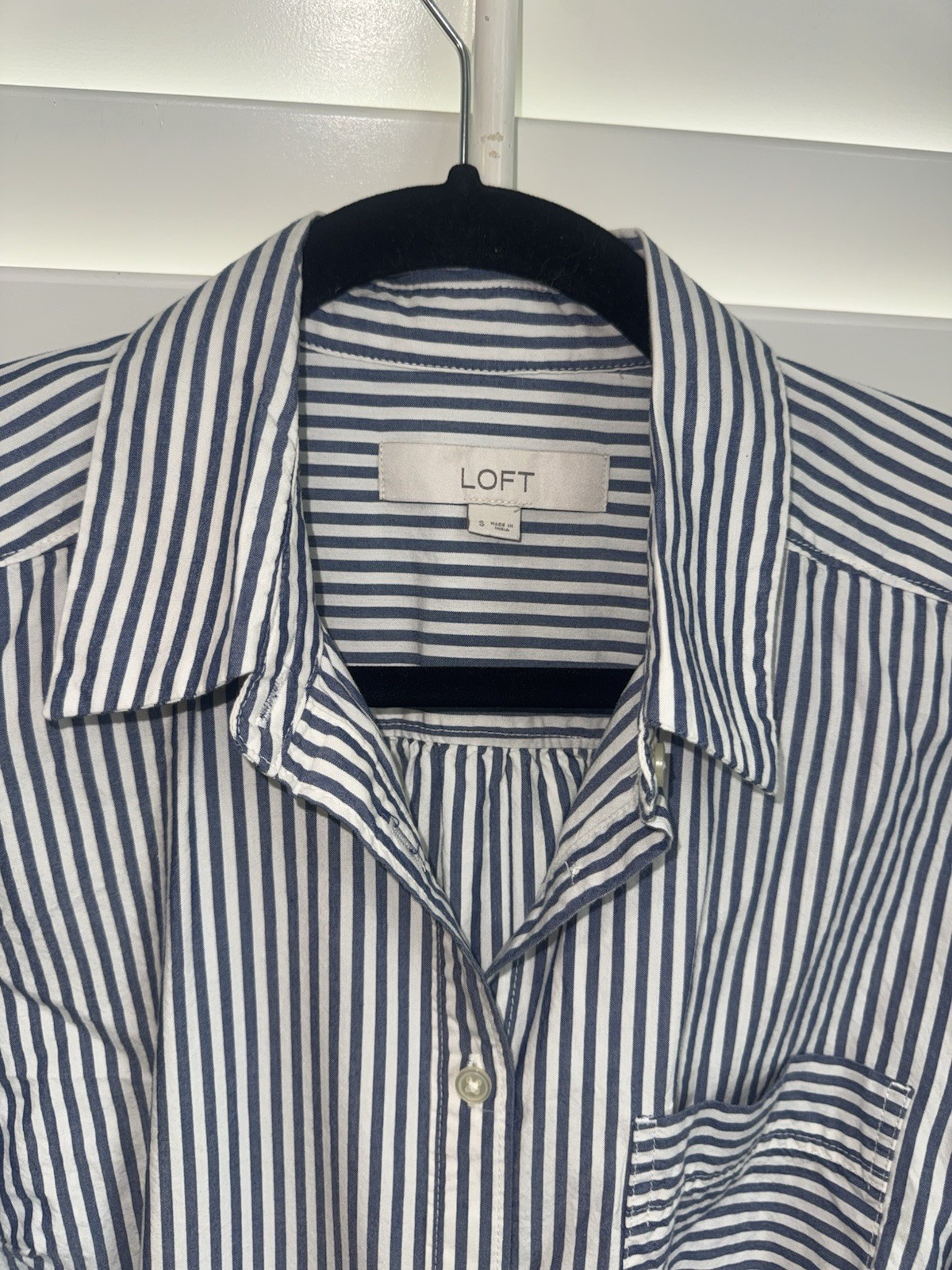 LOFT Small Blue White Stripe Button Long Sleeve Shirt DRESS w/ Belt Cotton Modal