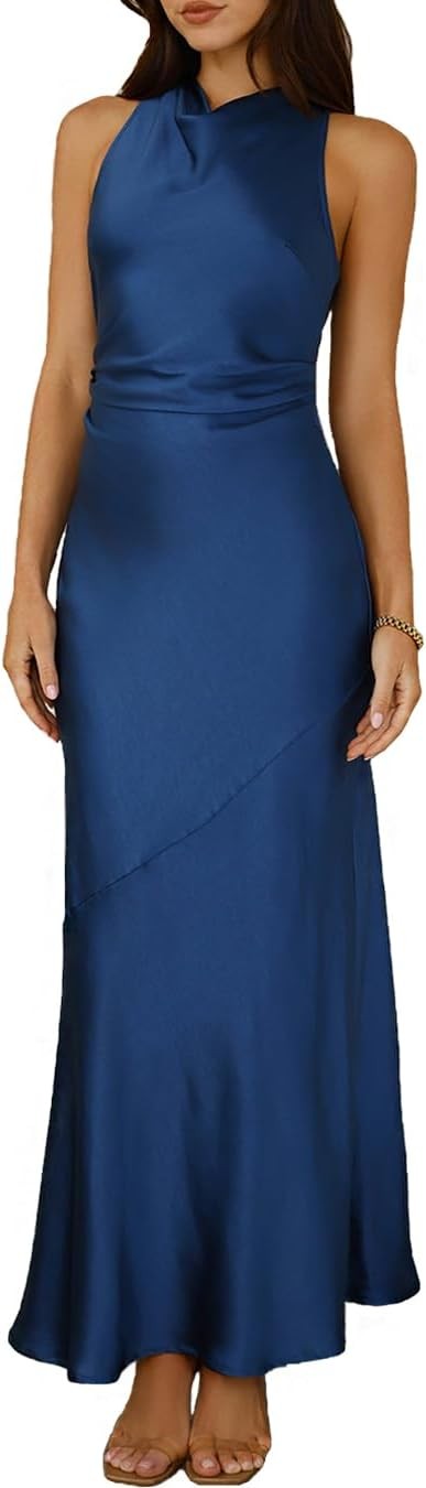 Satin High Neck Backless Maxi Dresses for Women Summer Silk Elegant Ruched Waist