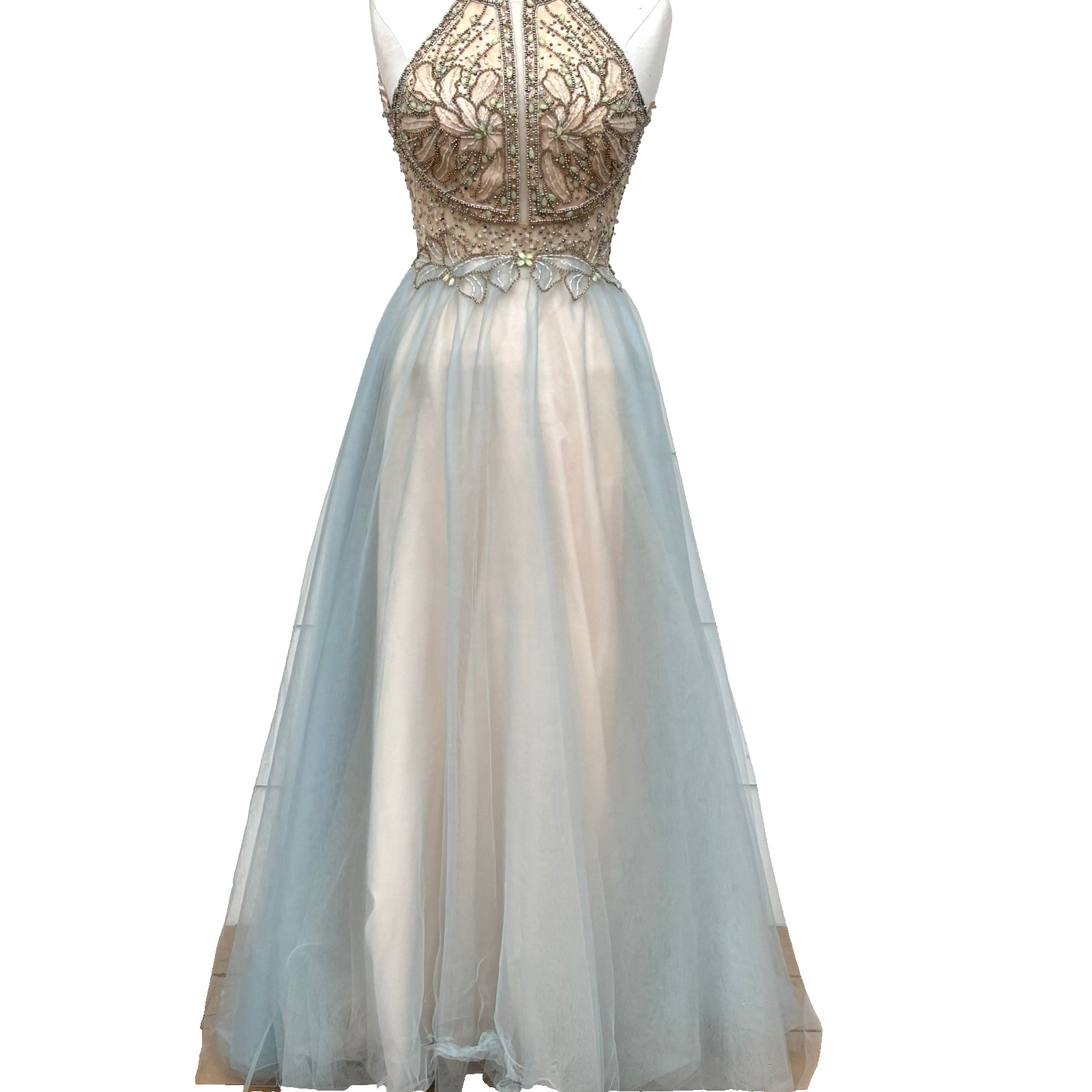 Glamour Halter Neck Beaded Bodice Contrast Tulle Long Ball Gown Prom Wedding