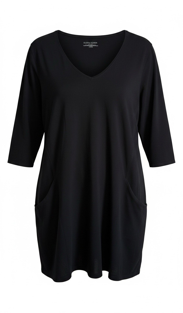 Eileen Fisher Black Dress PM Petite V-Neck 3/4 Sleeve Swing Pockets Knee