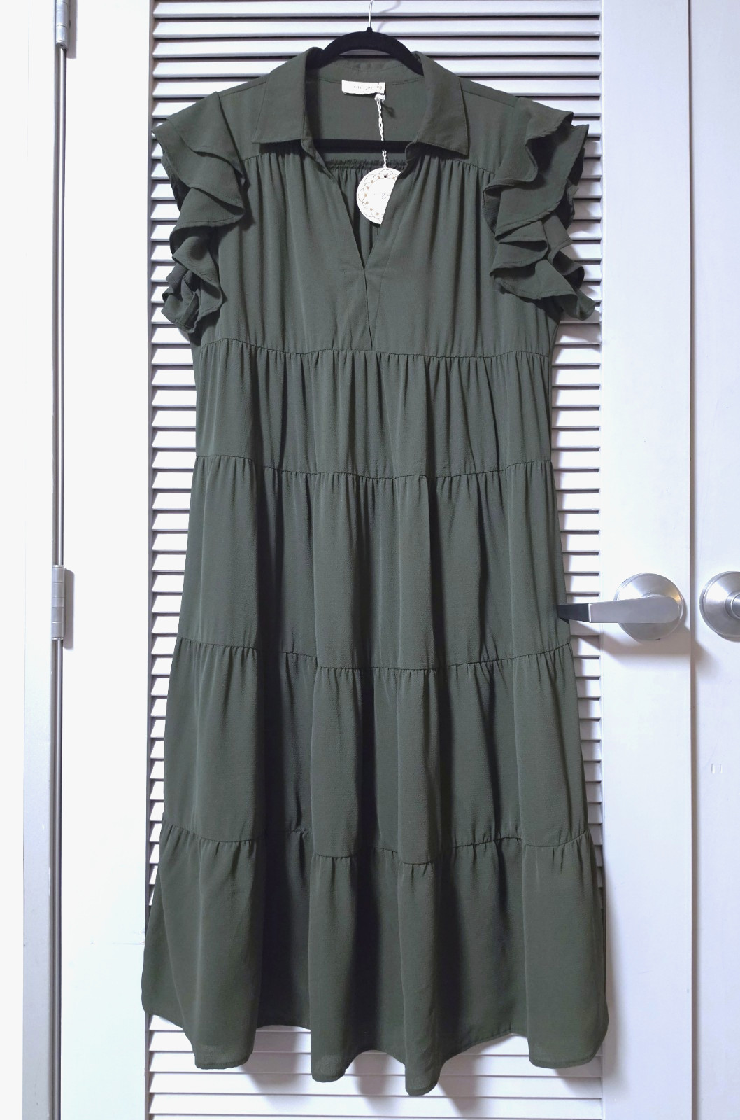 Dk green ruffle shoulder collar tiered long dress 1XL