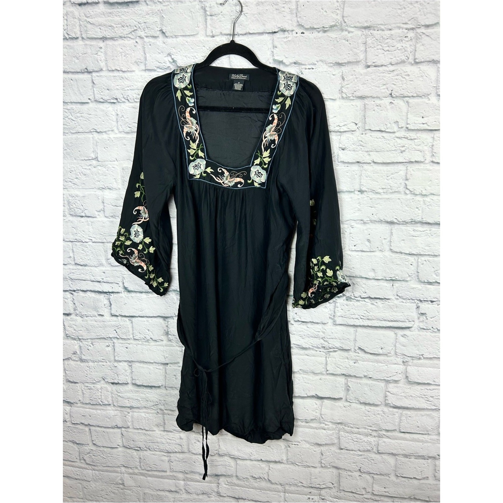 Lucky Brand 100% Silk Embroidered Tunic Dress Black Boho Tie Waist Medium