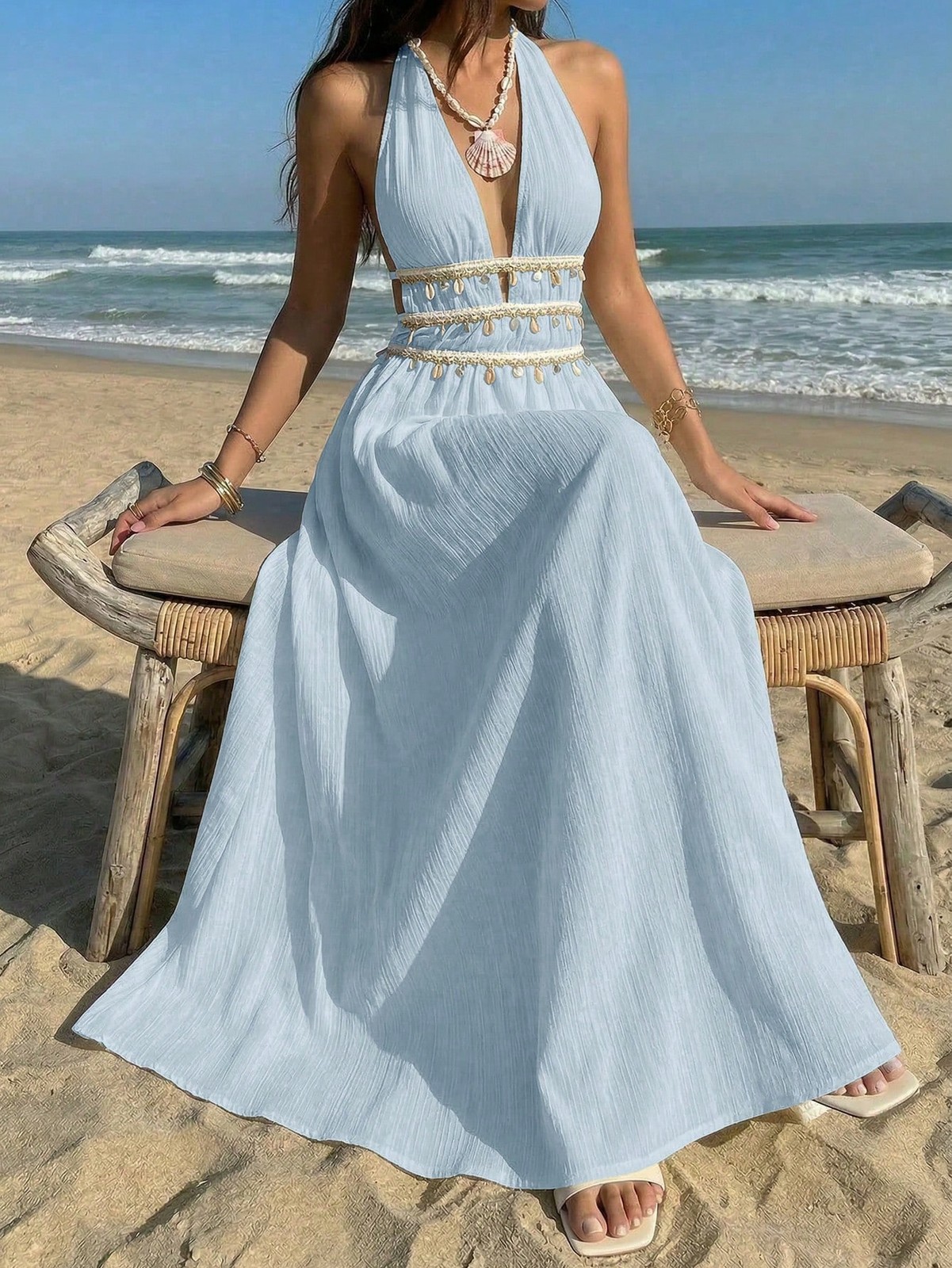 Elegant Apricot A Line Halter Neck Dress