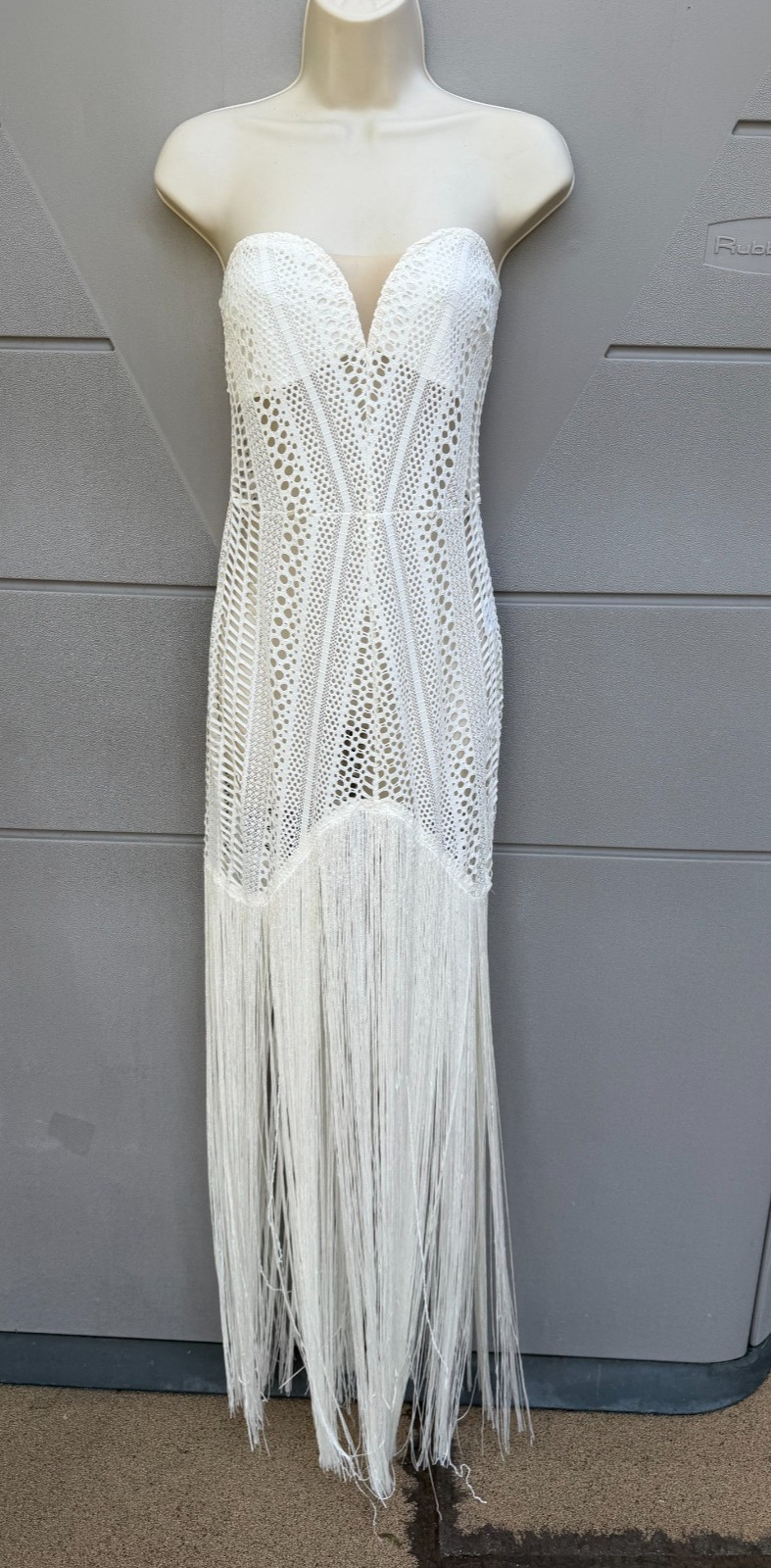 Michael Costello x REVOLVE Raelyn White Fringe Crochet Maxi Dress Sz L Resort