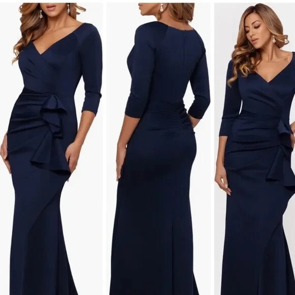 Xscape Midnight Blue Ruched Scuba Ruffle Gown Size 6 $248