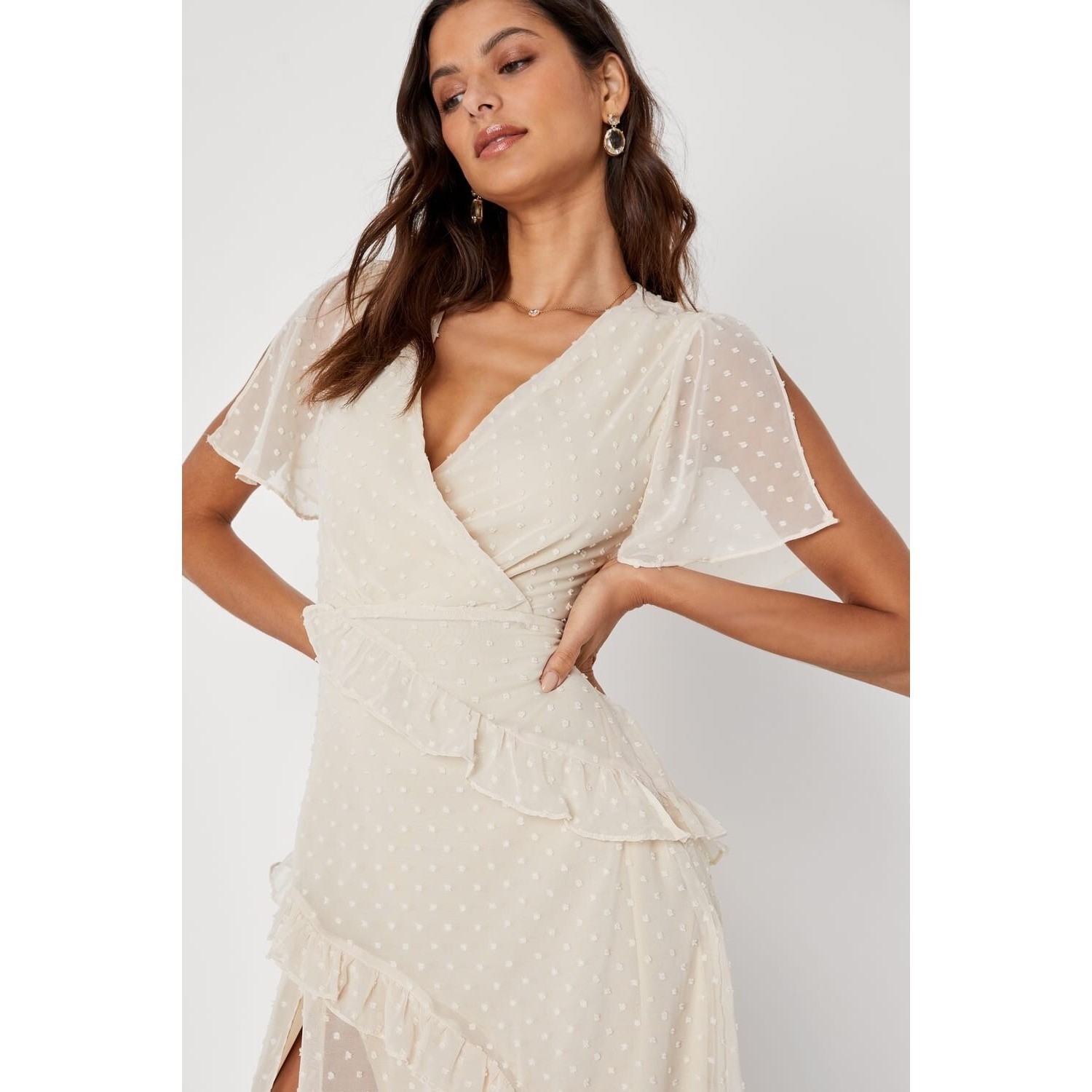 Lulus Cream Swiss Dot Ruffle Flutter Sleeve High Low Midi Dress Ivory Size S