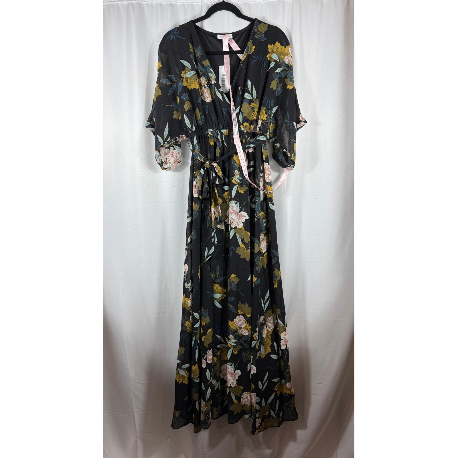 Baltic Born Kia Kimono Maxi Dress Midnight Floral Black Pink Gold Small NWT