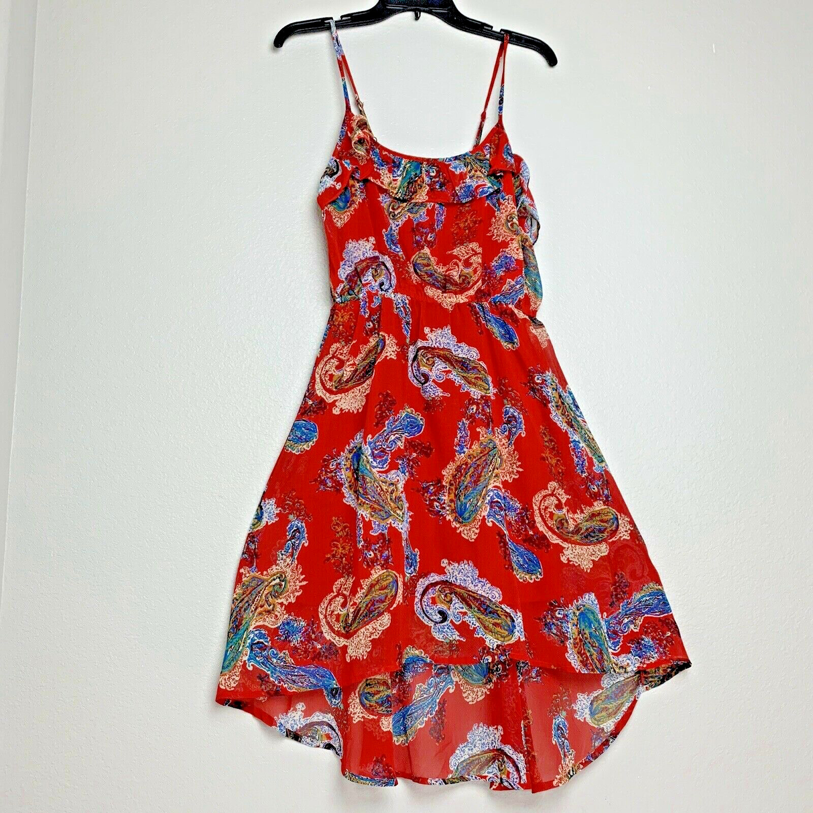 Forever 21 Women’s Red/ Paisley Print Sheer Lined Spaghetti Strap Hi-Low Dress M