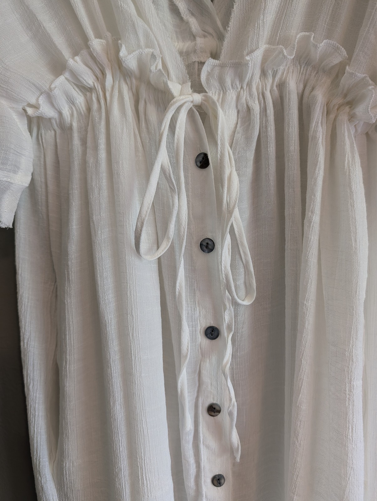 White Gauze Maxi Dress Cover Up Flowy Button Front Tie Back Boho Beach Feminine