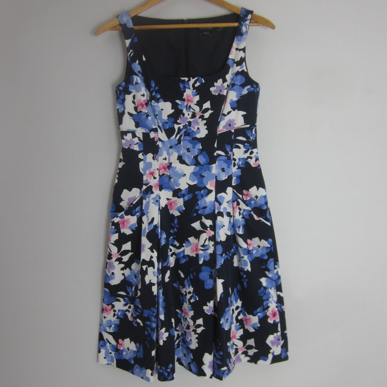 Ralph Lauren Womens 4 Navy Blue Pink White Sleevless Cotton Empire Waist Dress