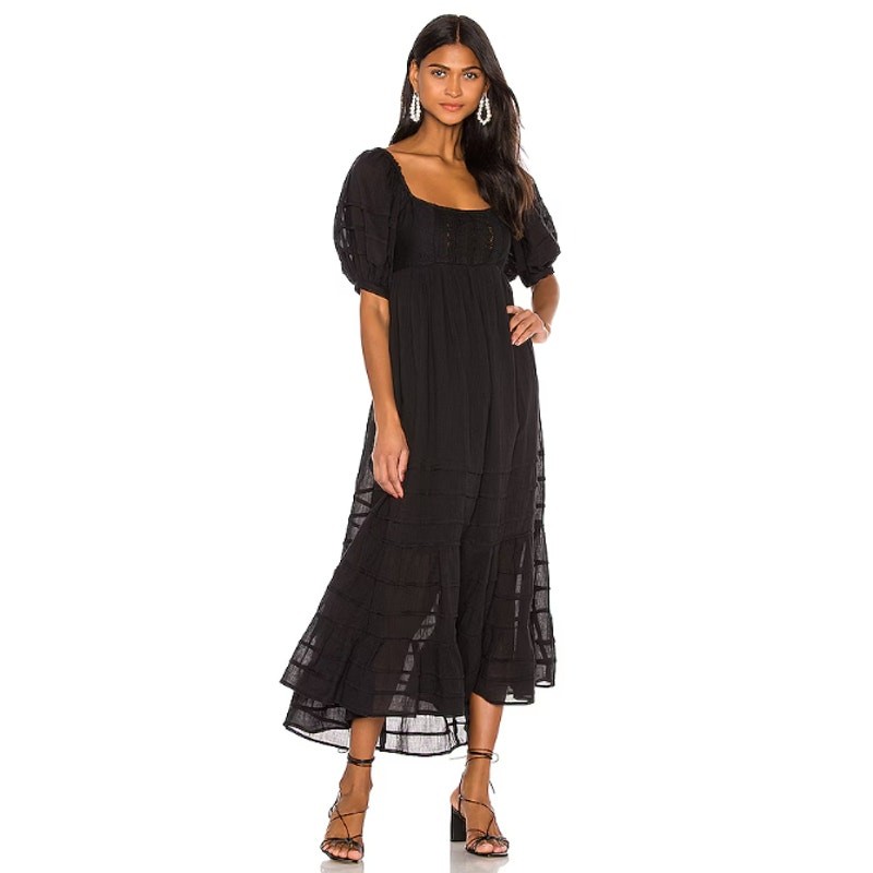 Free People LET’S BE FRIENDS Puff Sleeve Open Back Midi Dress in Black L $128