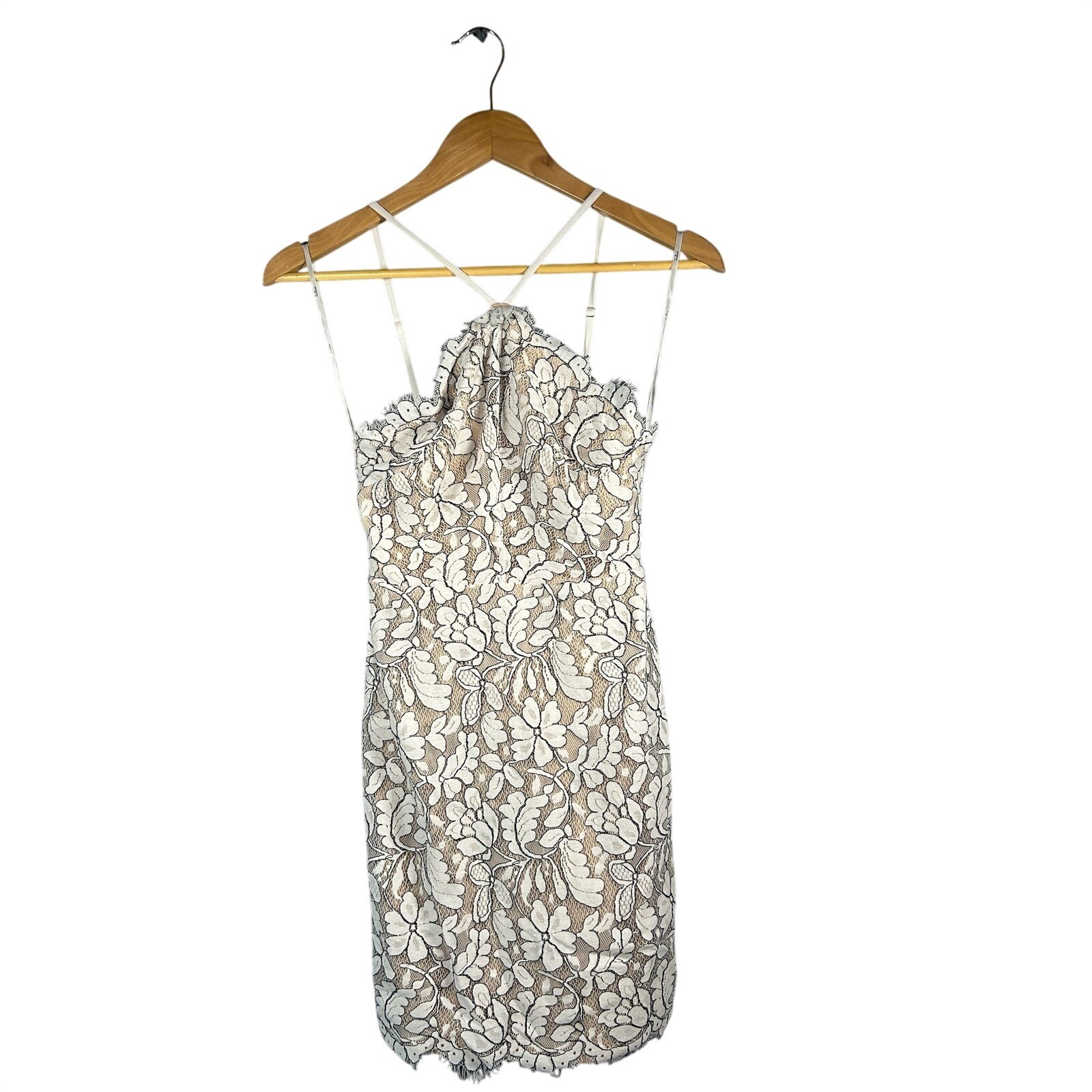 Lulus Lace Bodycon Mini Dress White Beige Spaghetti Strap Halter XS