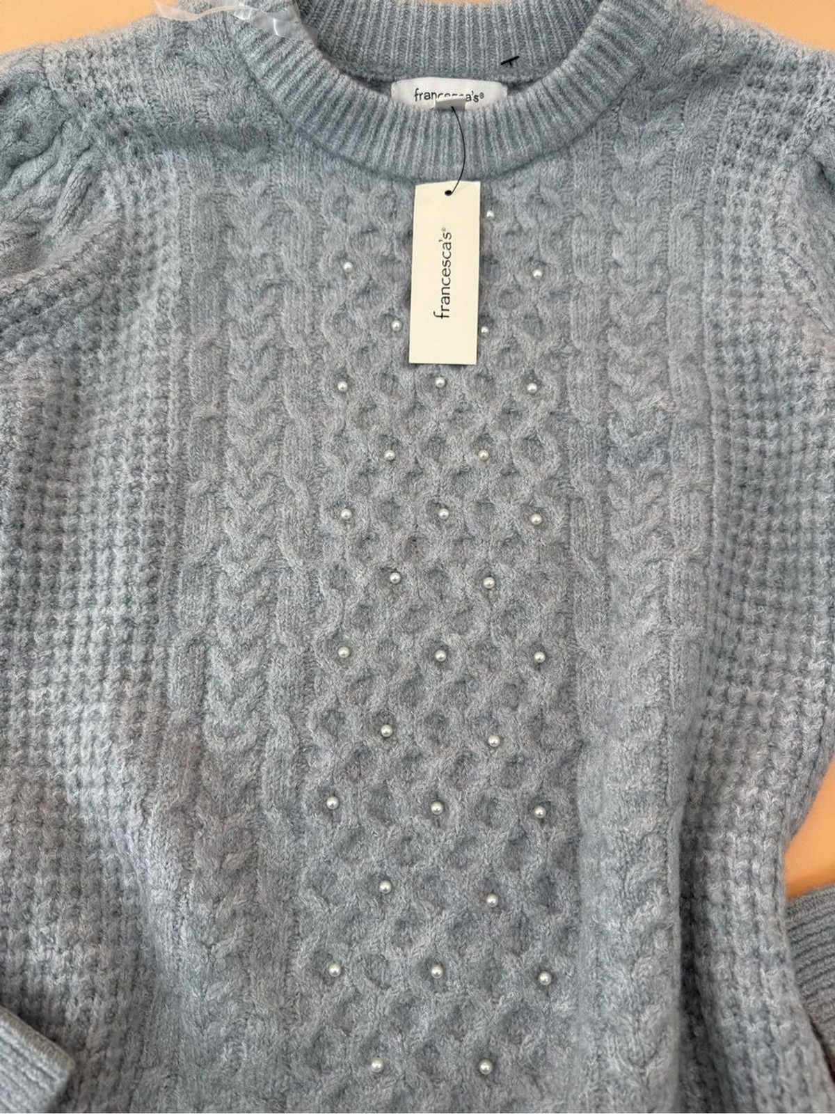 Francesca’s Pale Grey Beaded Pearls Cable Knit Sweater Dress