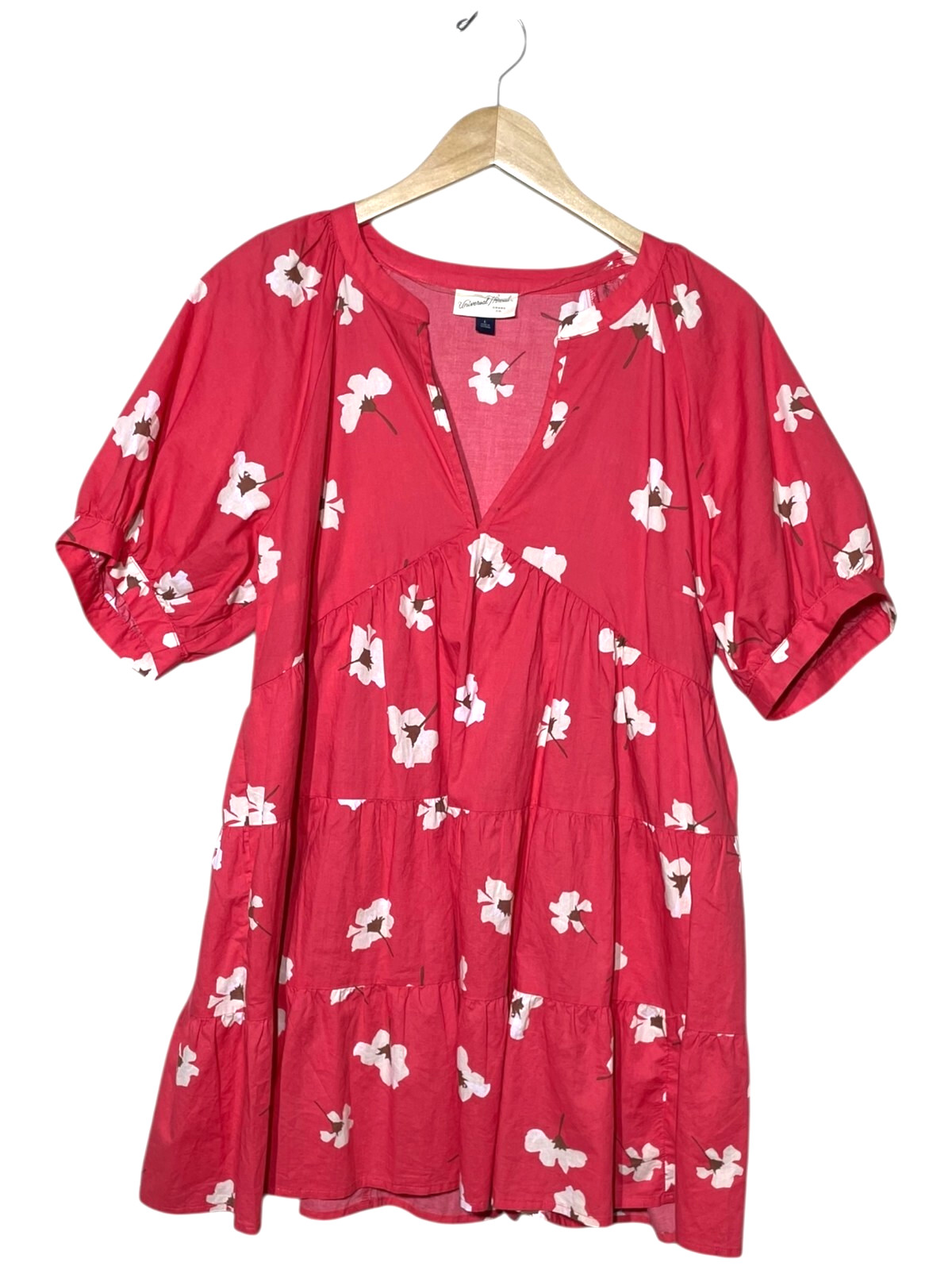 Universal Thread Puff Sleeve Floral Tiered Babydoll Dress Sz L Coral Beach Boho