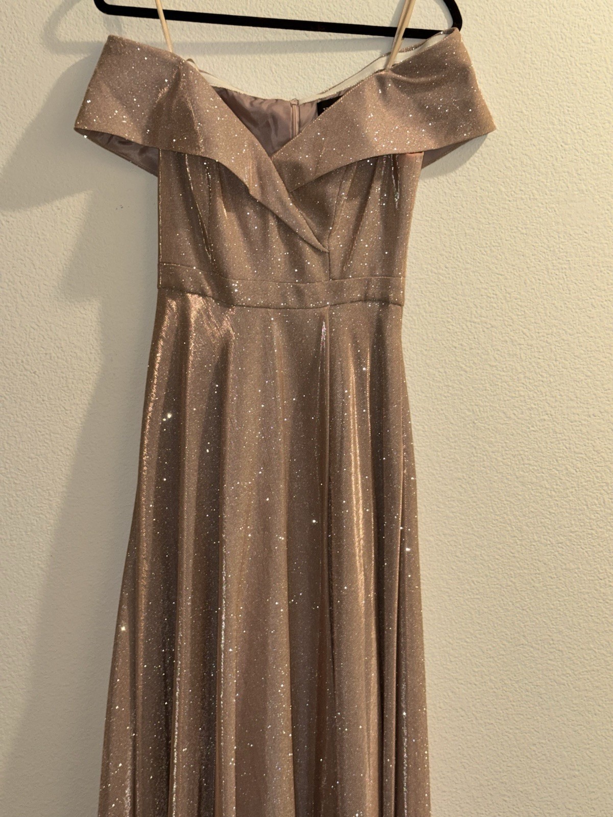 Xscape Women’s Size 2 Champagne Glitter Off Shoulder Long Gown Dress