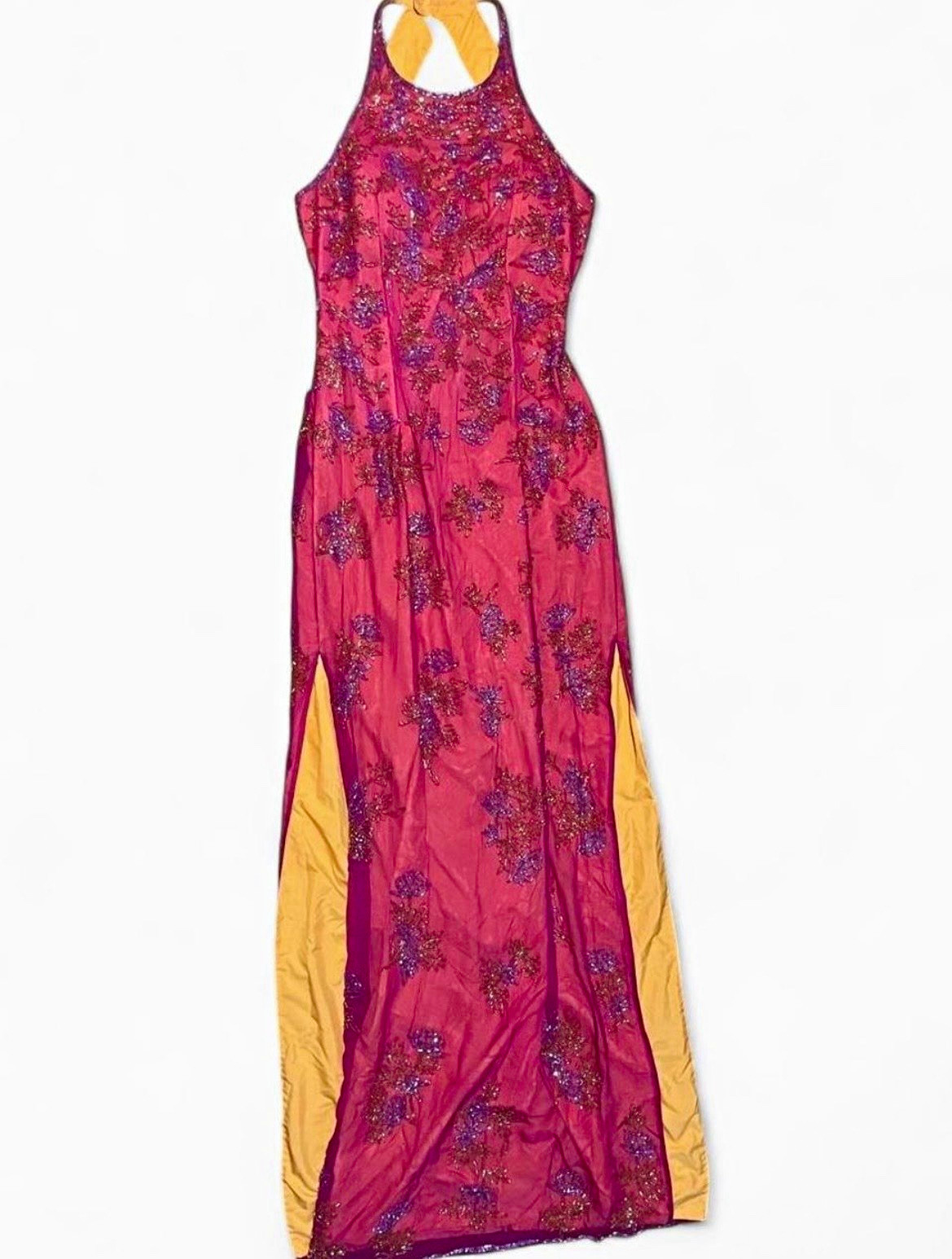 Vintage Sean X-PRESS Women’s Halter Maxi Backless Pink & Orange Gown