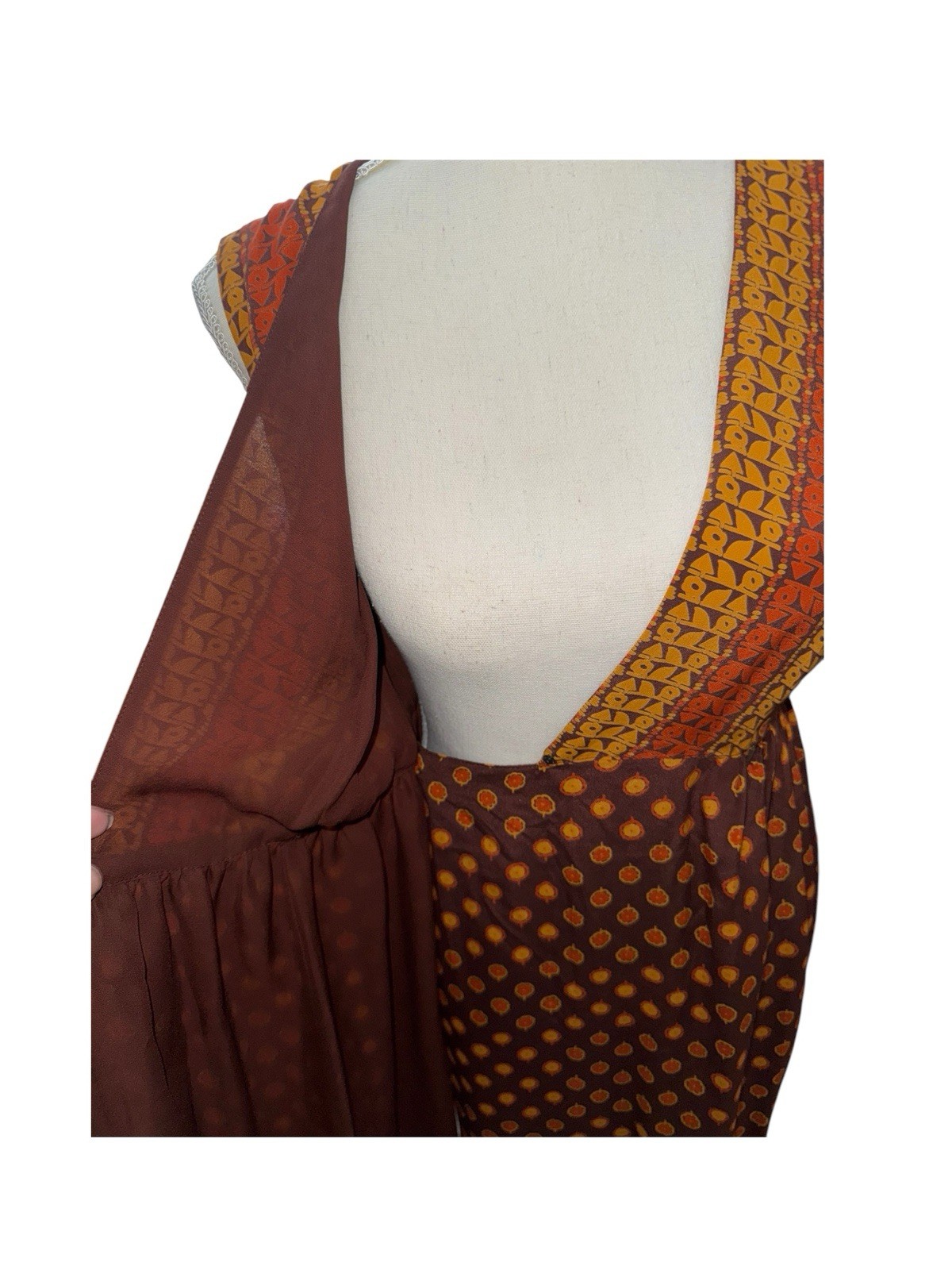 Anna Sui Silk Chiffon Wrap Dress Polka Dot Brown Orange Yellow Lined S