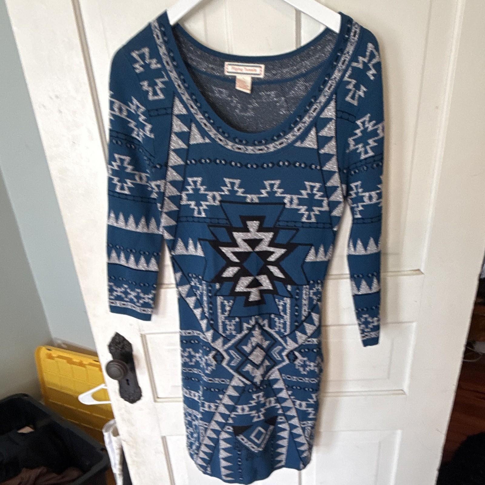 Flying Tomato Blue Aztec Knit Beaded Scoop Neck 3/4 Sleeve Sweater Dress L