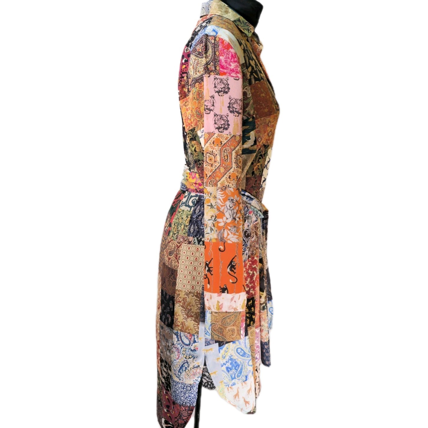 Unbreak.it Patchwork Silk Button Up Shirt Dress Small Tied Wild Animal Print
