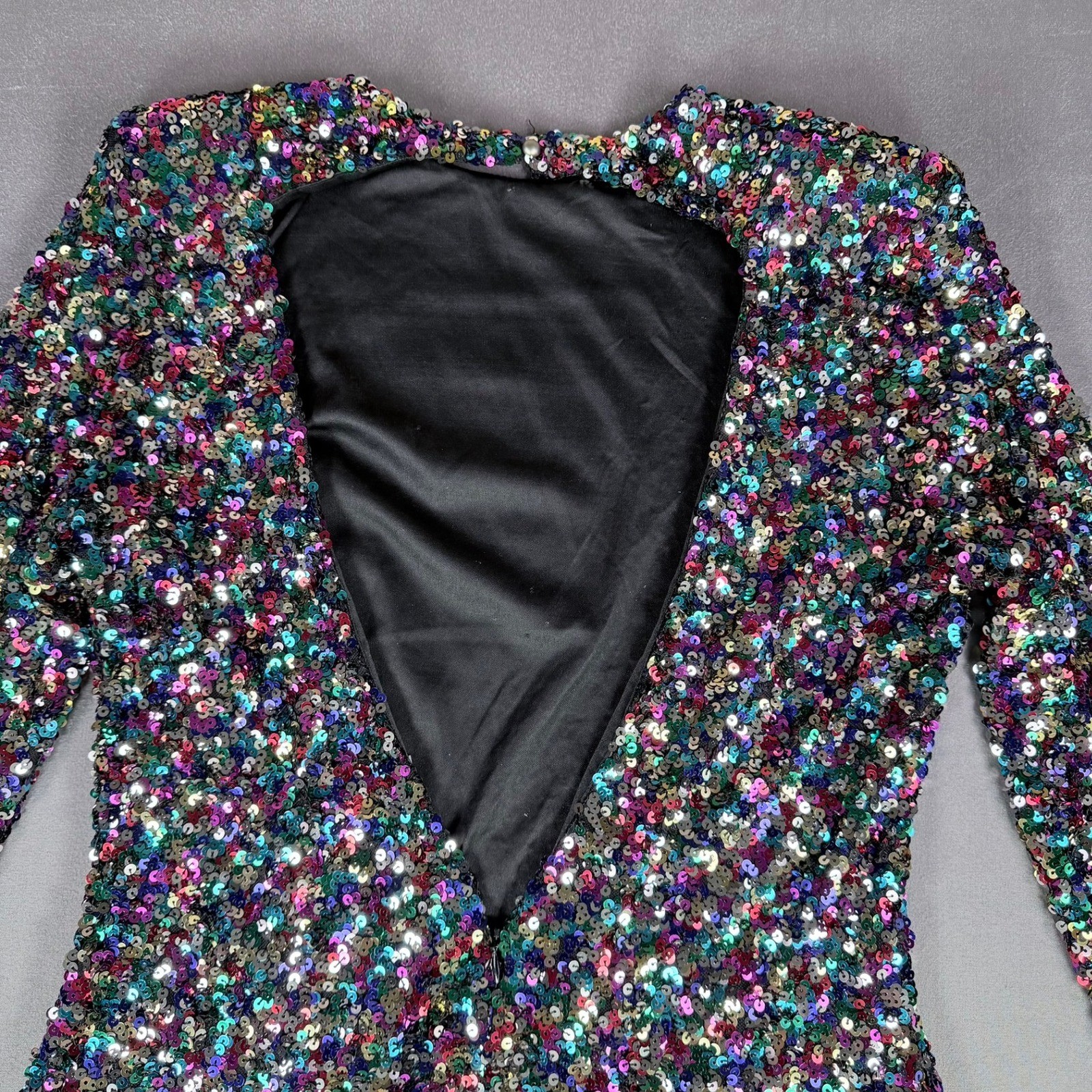 FORE Sequin Mini Dress Womens L Multicolor Open Back Long Sleeve Party Cocktail