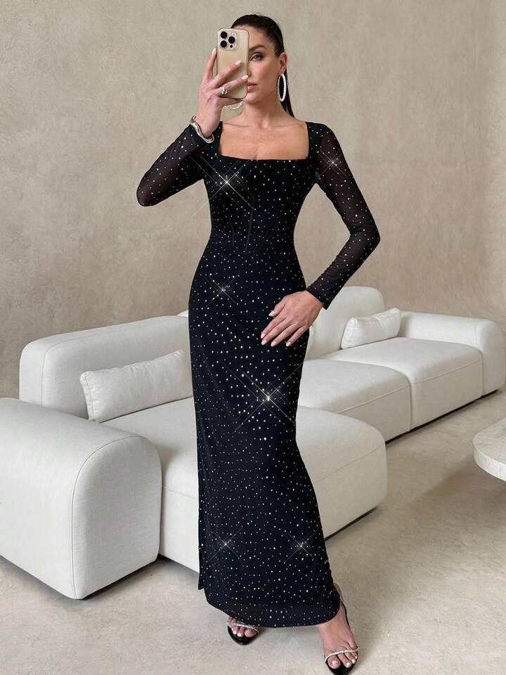 Women’s Black Rhinestone Maxi Evening Dress Sheer Mesh Long Sleeve Bodycon