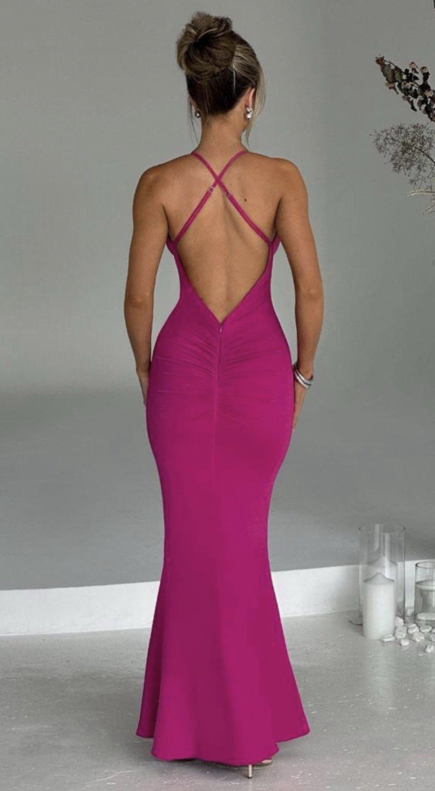 New Deep Plunge Backless Constantina Maxi Dress Large
