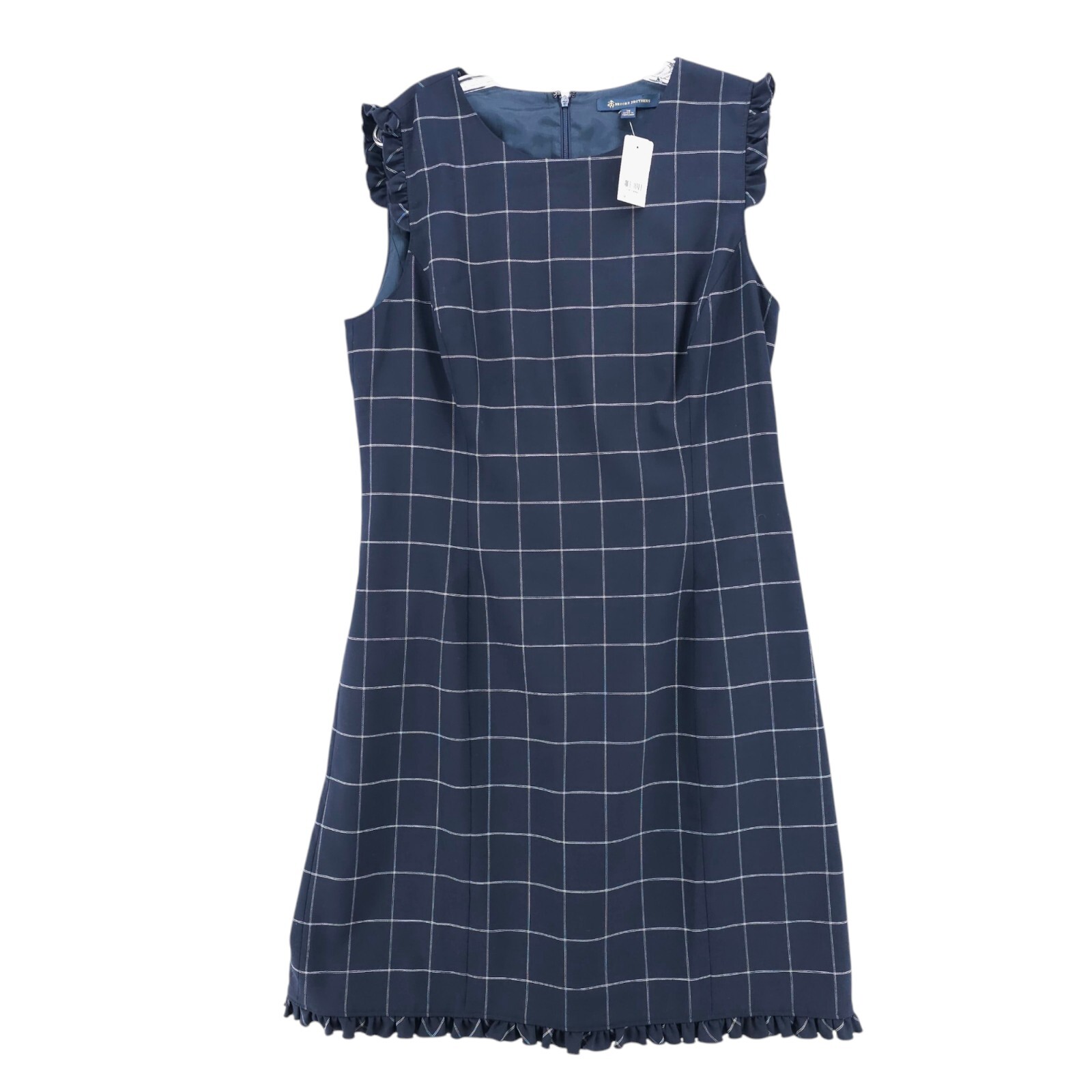 NWT BROOKS BROTHERS Wool Blend Navy Blue Check Dress Ruffle Trim Size 14