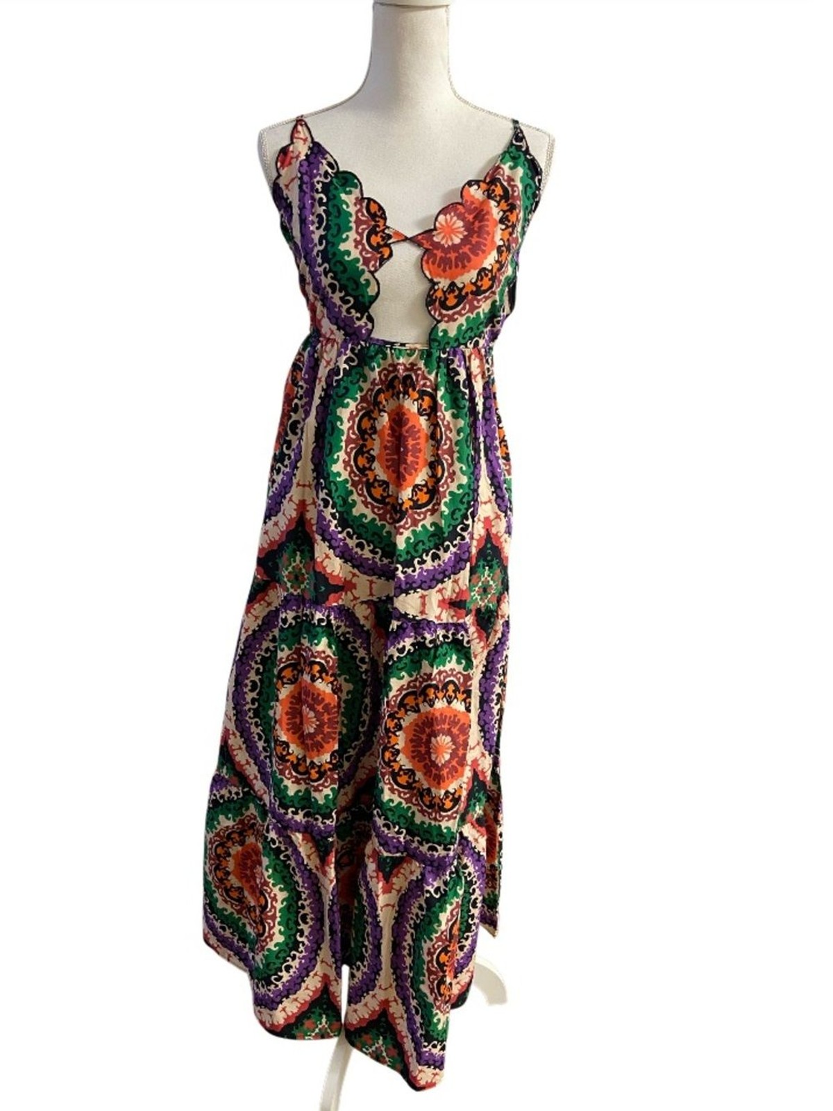Nasty Gal ⁠Boho Scallop Cutout Tiered Maxi Dress Mandala Mosaic Print Sz 4