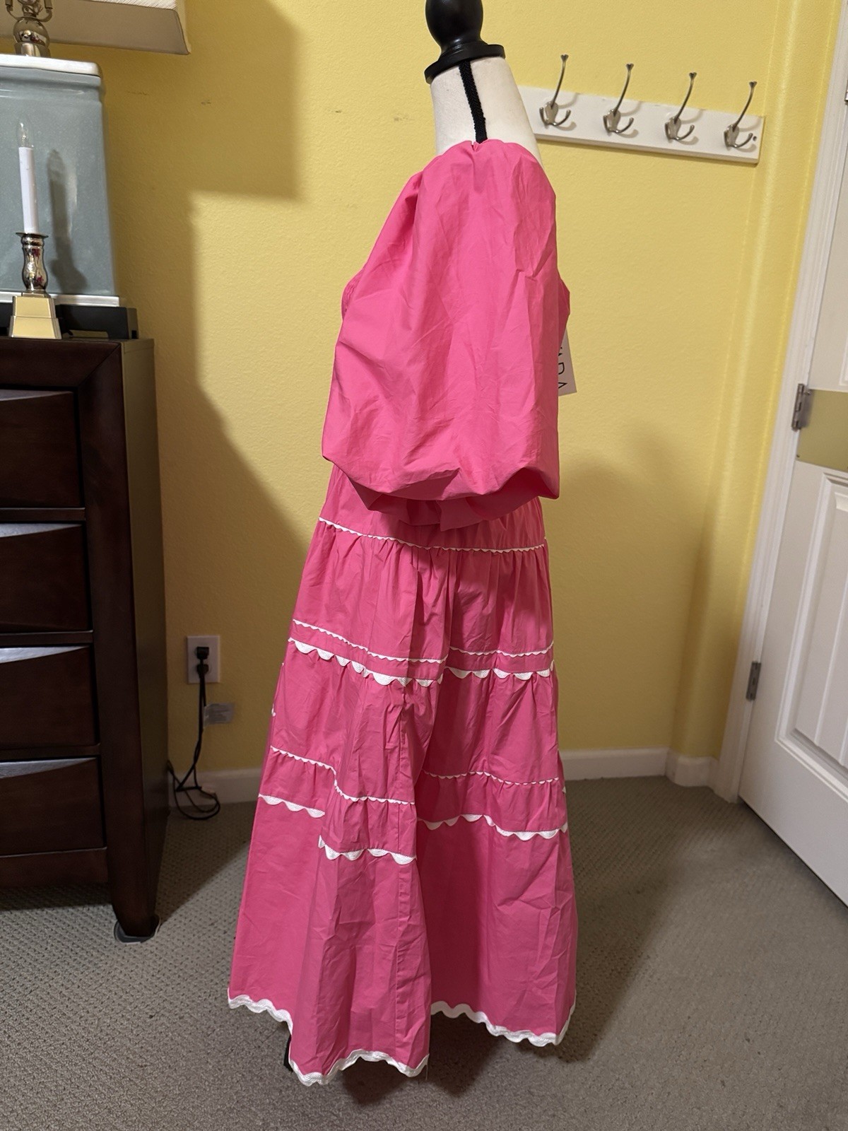 Pink tiered midi dress smocked bodice scalloped piping ric rac trim NWT Size S