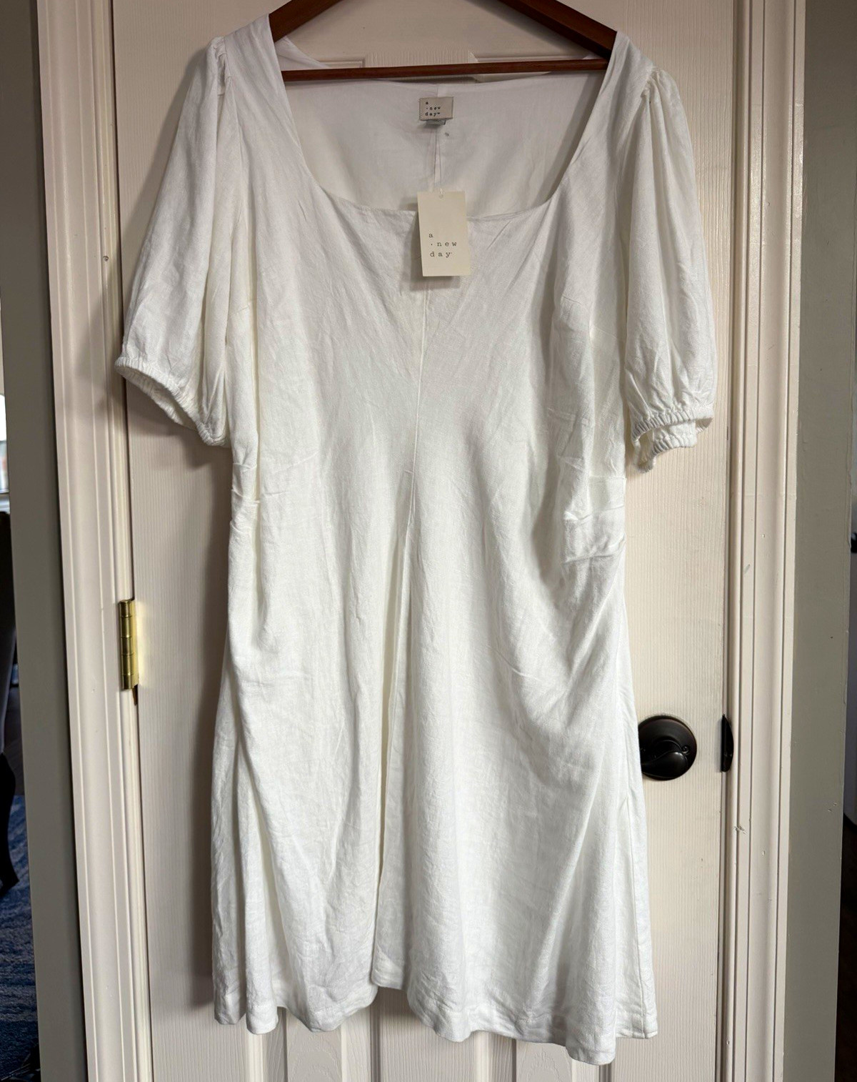 NWT A New Day White Square Neck Puff Sleeve Linen Blend Mini Dress Womens 16