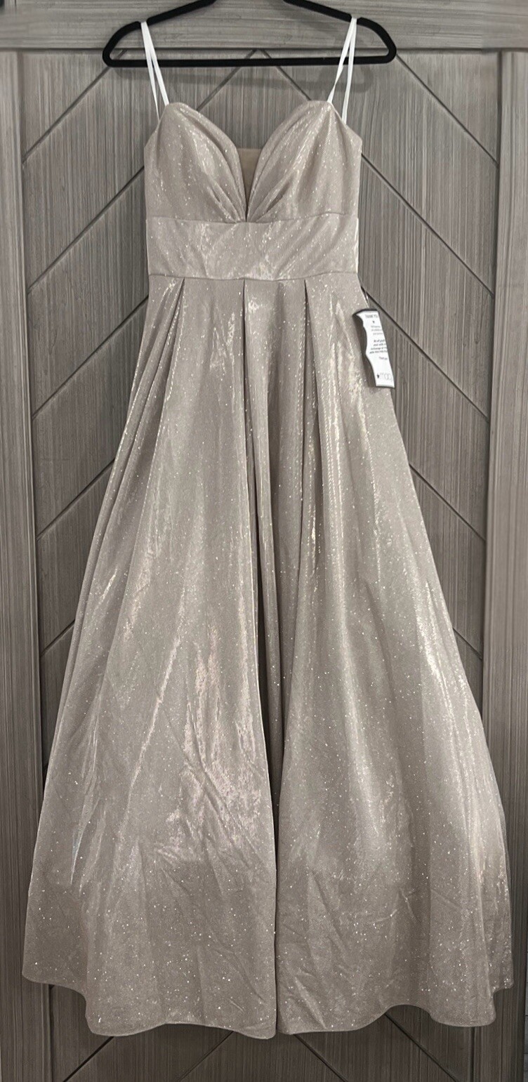 BETSY & ADAM Strapless Shimmer Champagne Silver Long Formal Prom Wedding Dress 6