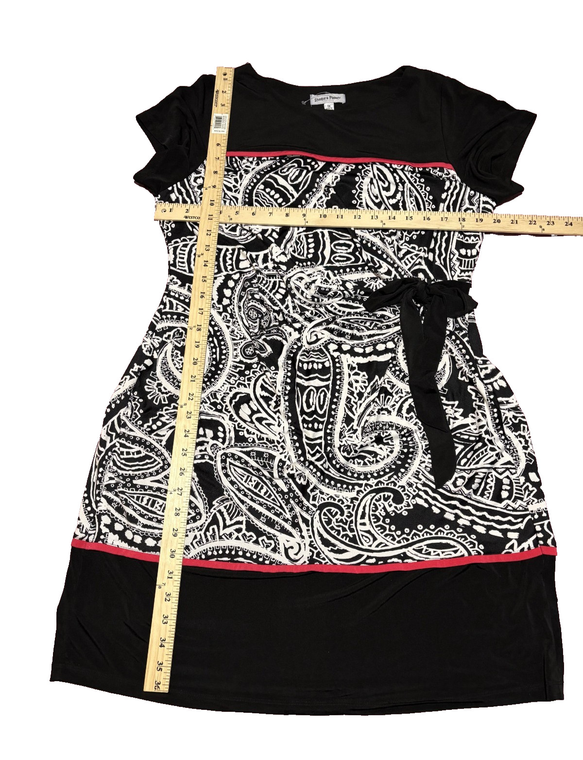 Shelby & Palmer Womens Black & White Paisley with Red Trim Sleeve Dress XL / 1X