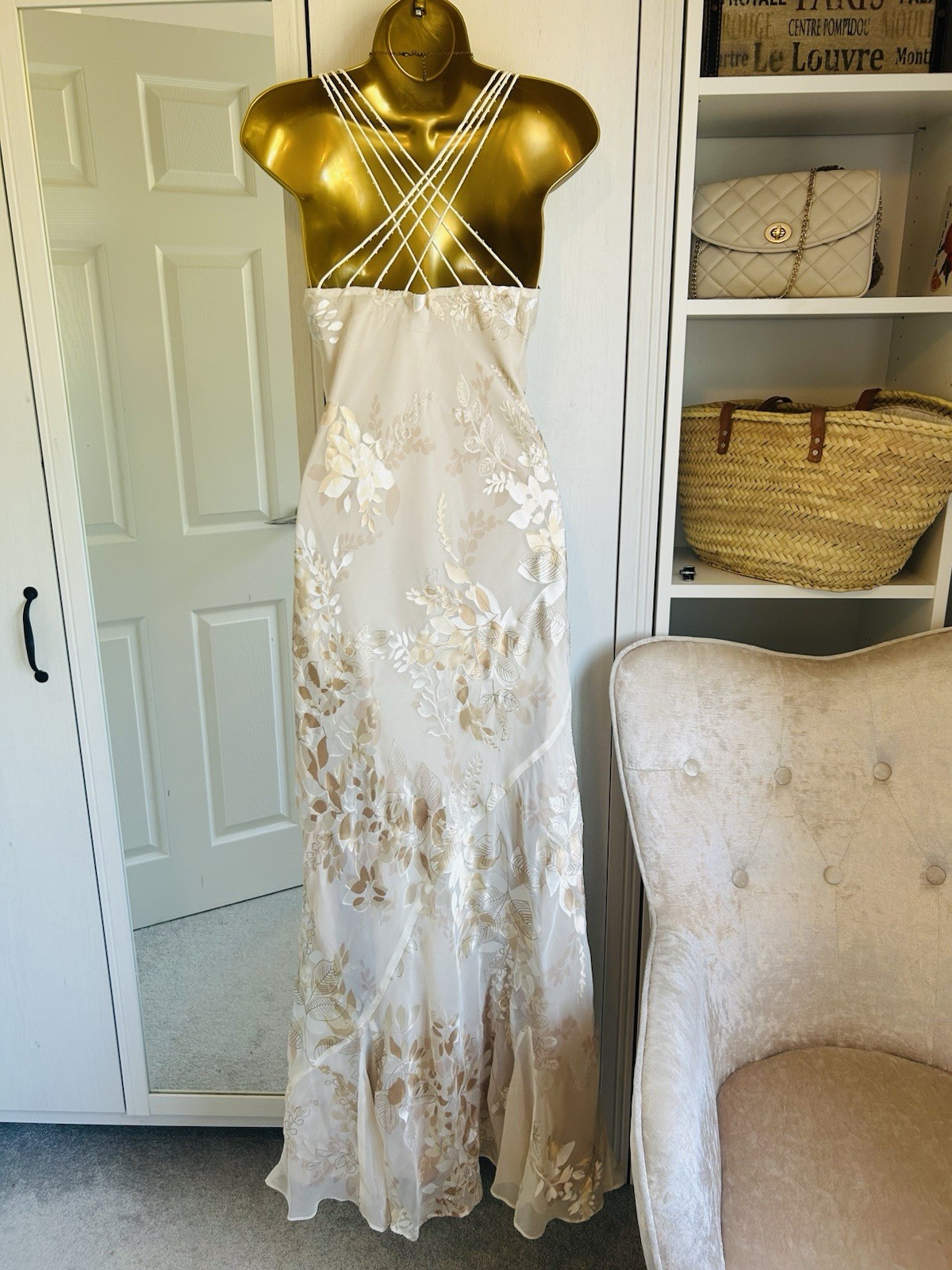 Monsoon Vintage Silk Cream Gold Devore 20s Deco Y2K Bride Long Dress 12