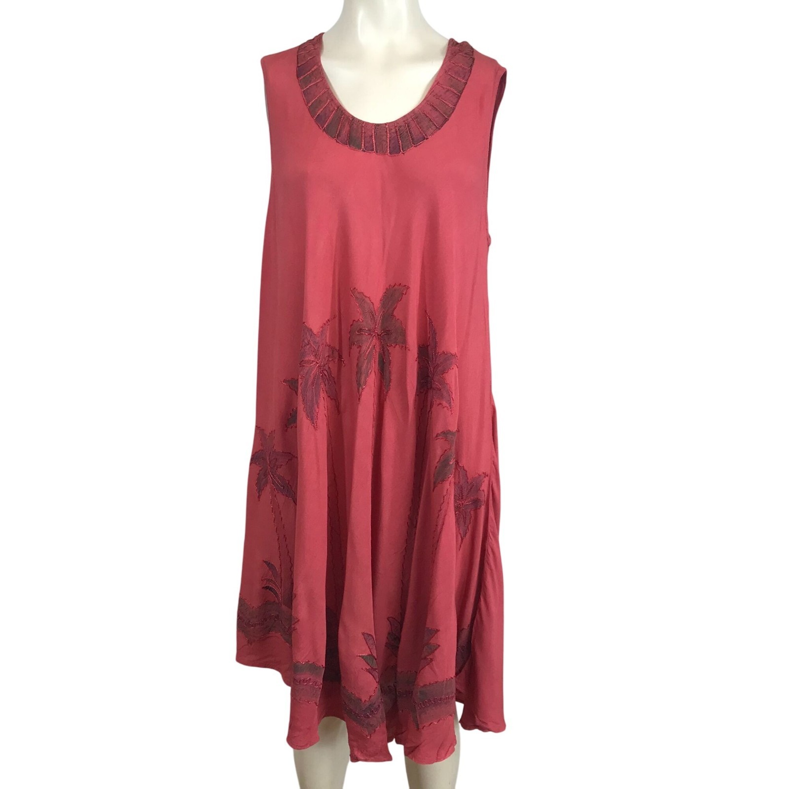 SAKKAS – WOMENS ONE SIZE CORAL PALM TREE SLEEVELESS ROUND NECK EMBROIDERED DRESS
