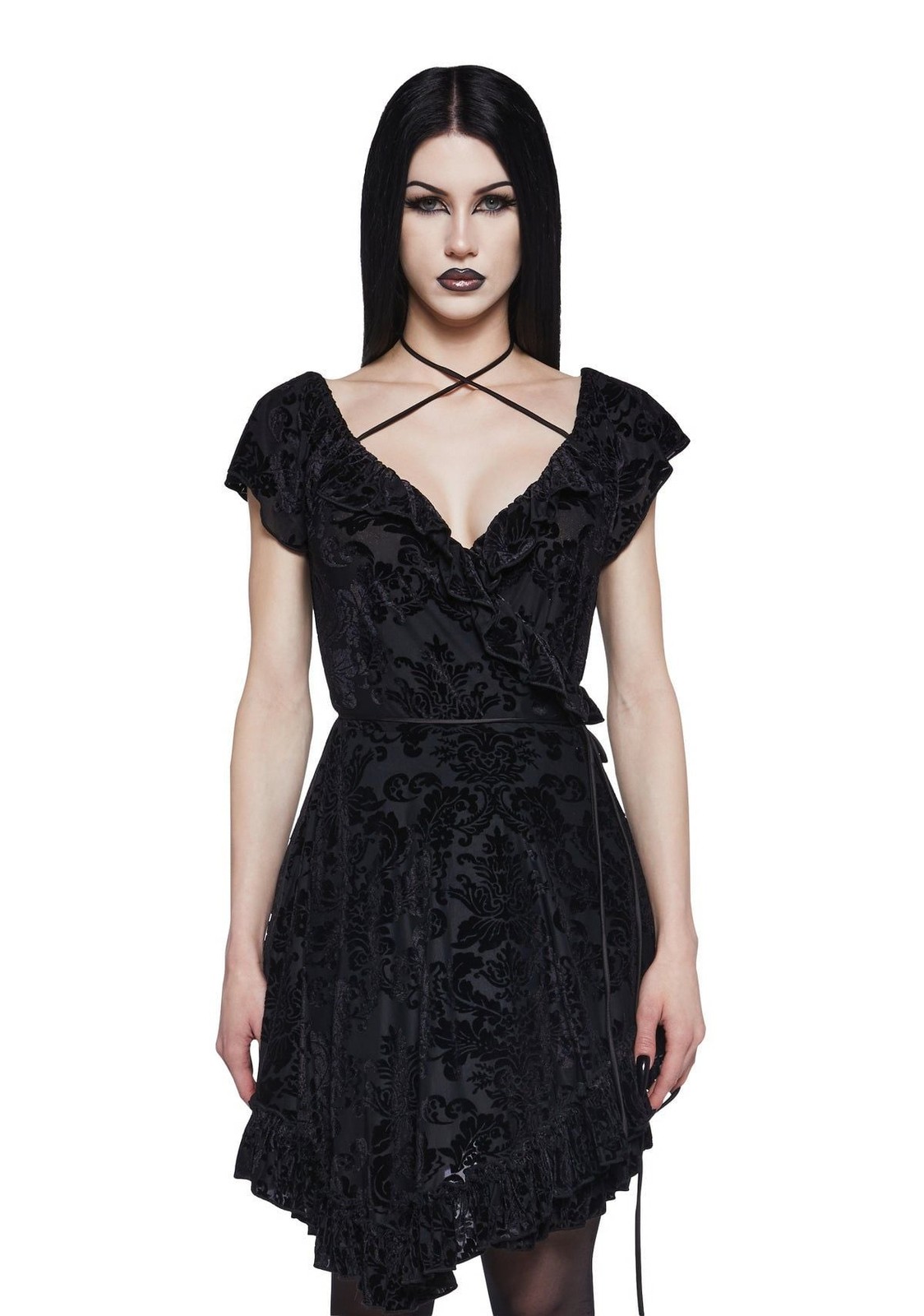 Widow Black Goth Floral Velvet Ruffled Wrap Dress