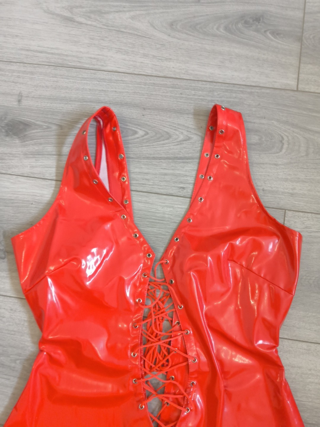 BNWOT Bright Red PVC Plunge Neck Lace Up Front & Back Bodycon Dress Size 10-14